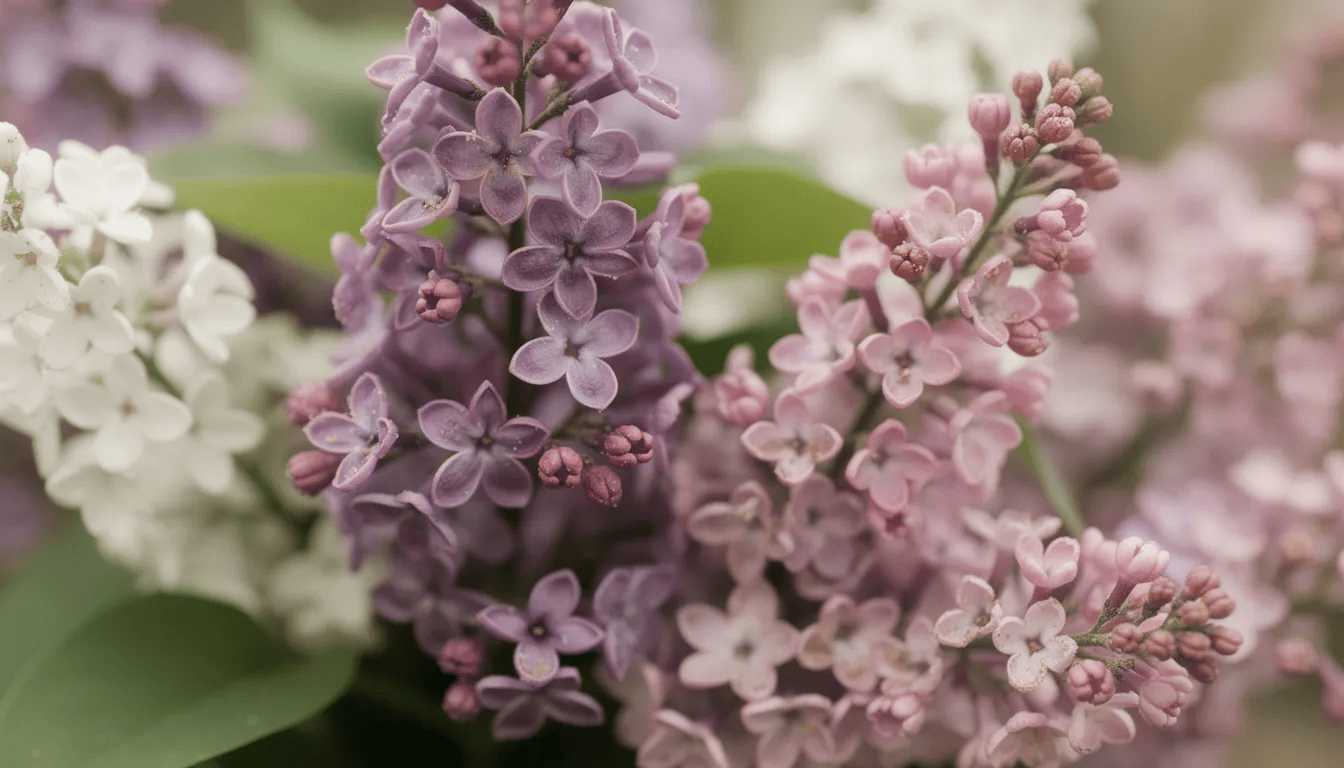 Zbliżenie na różne odmiany lilaka, w tym fioletowe, białe i różowe kwiaty, ukazuje gęste kwiatostany o przyjemnym zapachu, które wabią motyle. Te dekoracyjne krzewy, znane jako lilak pospolity, najlepiej rosną w słonecznych miejscach i obficie kwitną w maju.