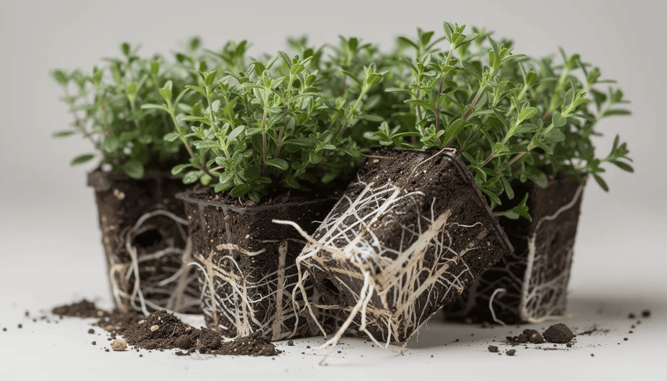 Na zdjęciu znajdują się sadzonki macierzanki w doniczkach, gotowe do wysyłki, z wyraźnie widocznym zdrowym systemem korzeniowym. Rośliny te, takie jak macierzanka piaskowa czy macierzanka zwyczajna, charakteryzują się gęstymi liśćmi i drobnymi kwiatami, co czyni je idealnymi do ogrodów skalnych oraz jako rośliny okrywowe.