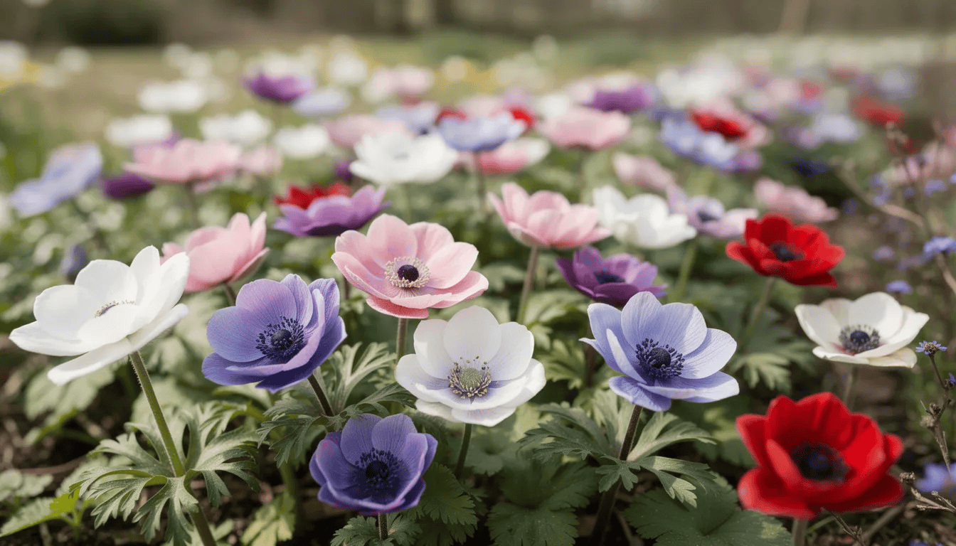 Na obrazku widać rabatę ogrodową, w której kwitną różnokolorowe zawilce, takie jak zawilec wielkokwiatowy i zawilec japoński, otoczone zielonymi liśćmi. Kwiaty te tworzą zwarte kępy, a ich delikatne płatki przyciągają wzrok, tworząc piękny wiosenny widok.