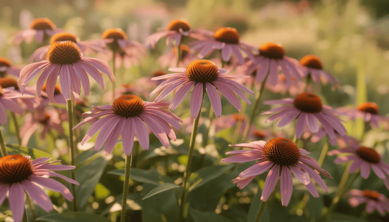 Na słonecznej rabacie w pełnym rozkwicie kwitną jeżówki purpurowe, znane jako echinacea purpurea, które tworzą gęste kępy okazałych kwiatów w odcieniach różu. Te piękne byliny wieloletnie, łatwe w pielęgnacji, cieszą oko przez cały sezon i przyciągają pszczoły.