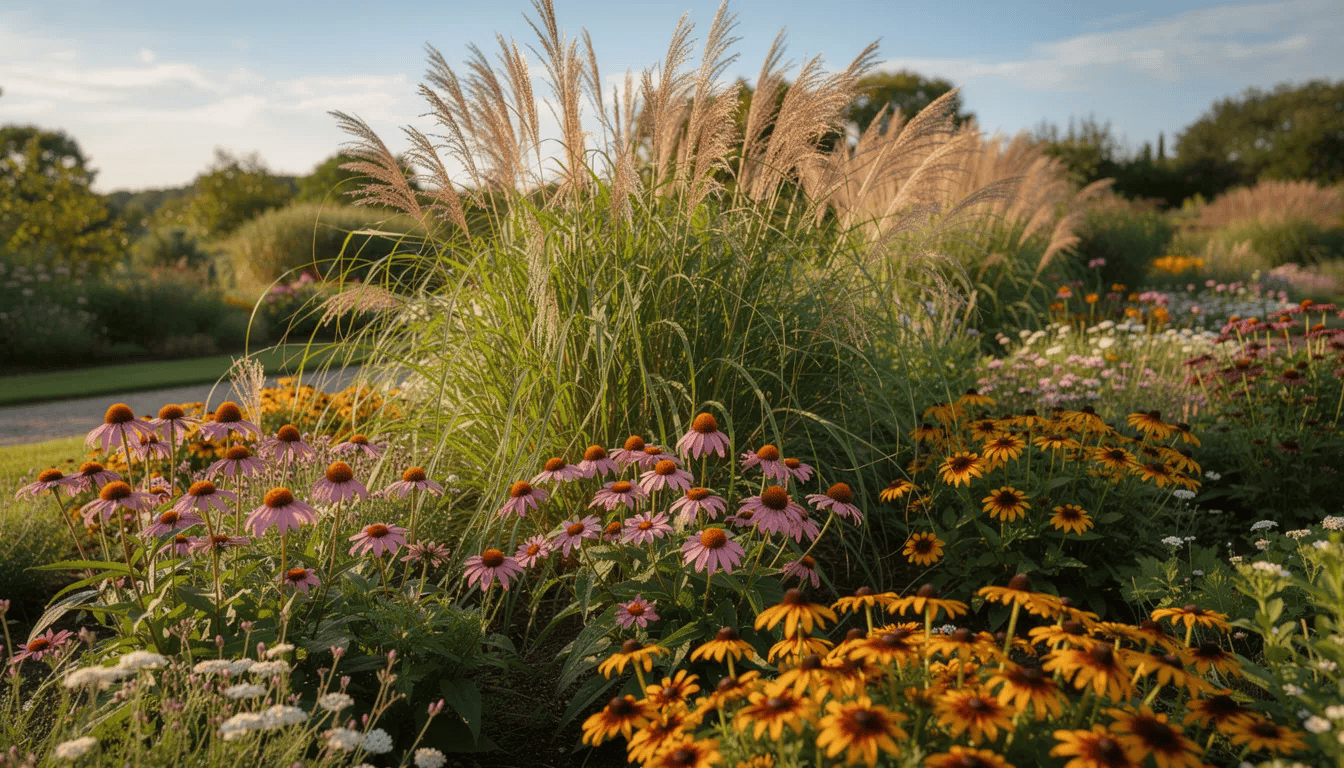 Na zdjęciu znajduje się mieszana rabata w pełni letniego kwitnienia, z okazałymi kępami miskantów chińskich, jeżówek i rudbekii, tworząc efektowną ozdobę ogrodu. Rośliny te, w tym imponujące trawy ozdobne, prezentują się w różnorodnych kolorach i kształtach, a ich ciemnozielone liście kontrastują z białymi kwiatostanami.