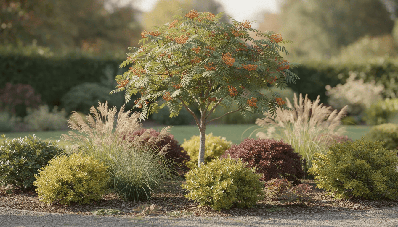 Na obrazie widać kompozycję ogrodową z jarzębem pospolitym, otoczonym niskimi krzewami i ozdobnymi trawami. W centrum znajduje się drzewo z dekoracyjnymi, czerwonymi owocami jarzębiny, otoczone pierzastymi liśćmi, co nadaje całości harmonijny charakter.