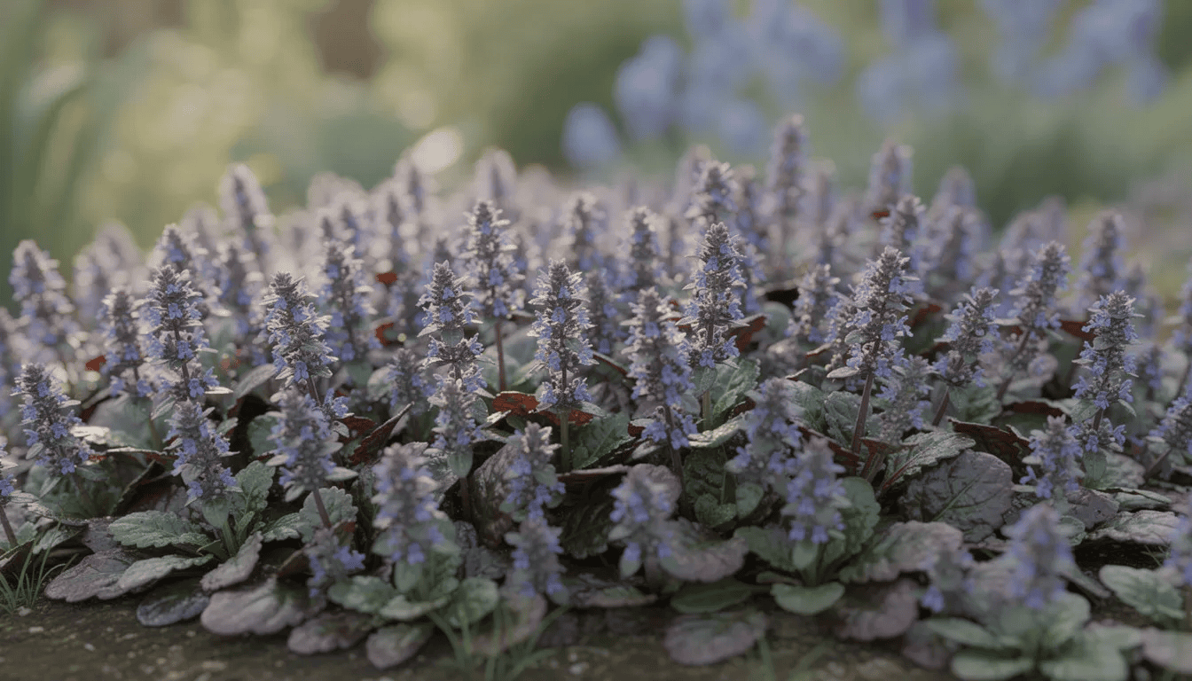 Na obrazie widoczna jest gęsta darń dąbrówki rozłogowej, pokryta niebieskimi kwiatami, tworząca piękny kobierzec w ogrodzie. Roślina kwitnie wczesną wiosną, a jej walory dekoracyjne doskonale sprawdzają się w miejscach zacienionych.