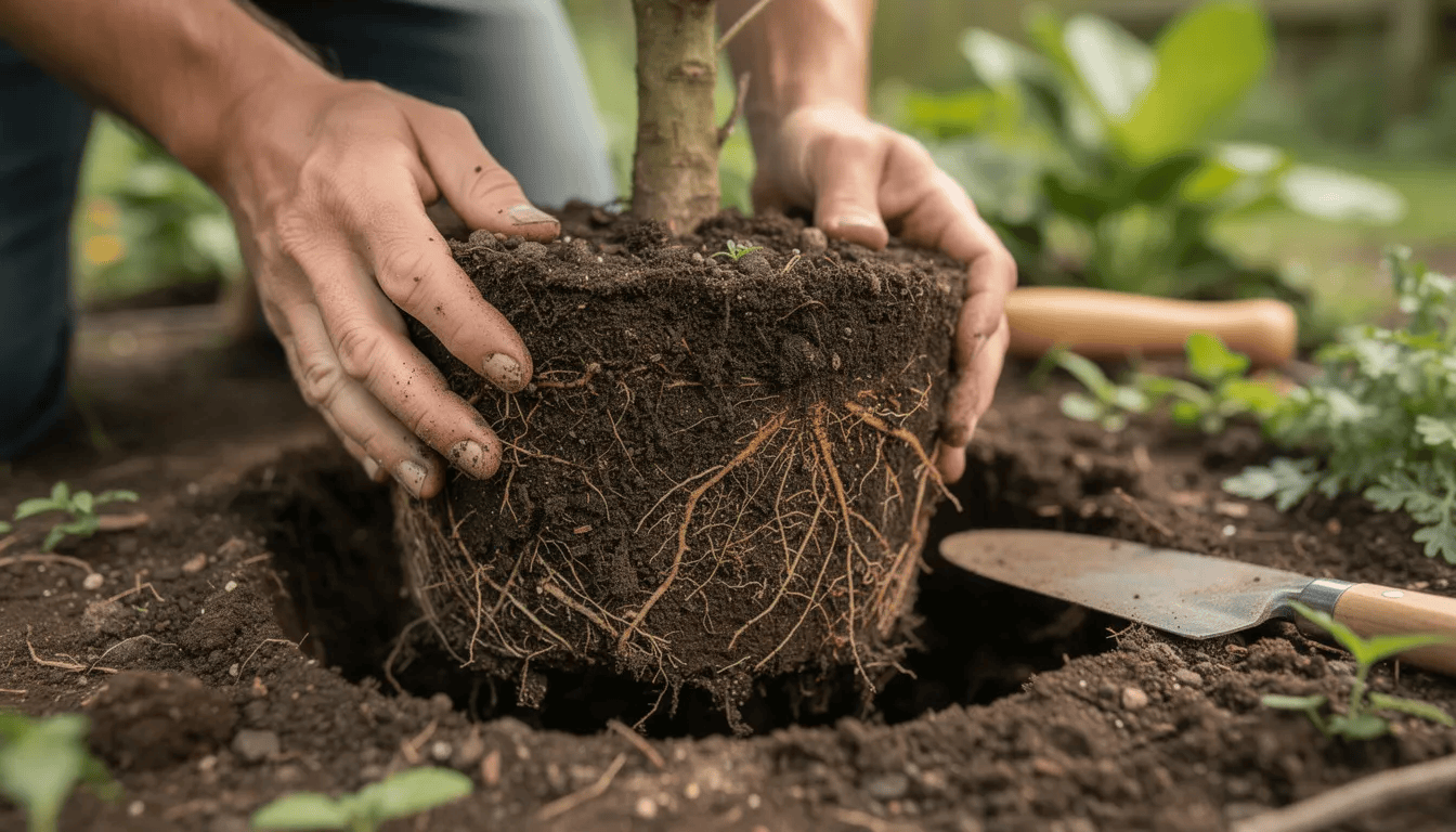 Na zdjęciu widać ręce ogrodnika sadzącego młode drzewko jarzębu pospolitego, które ma dobrze rozwiniętą bryłę korzeniową. W tle można dostrzec liście i inne rośliny, co tworzy przyjemną atmosferę ogrodu.