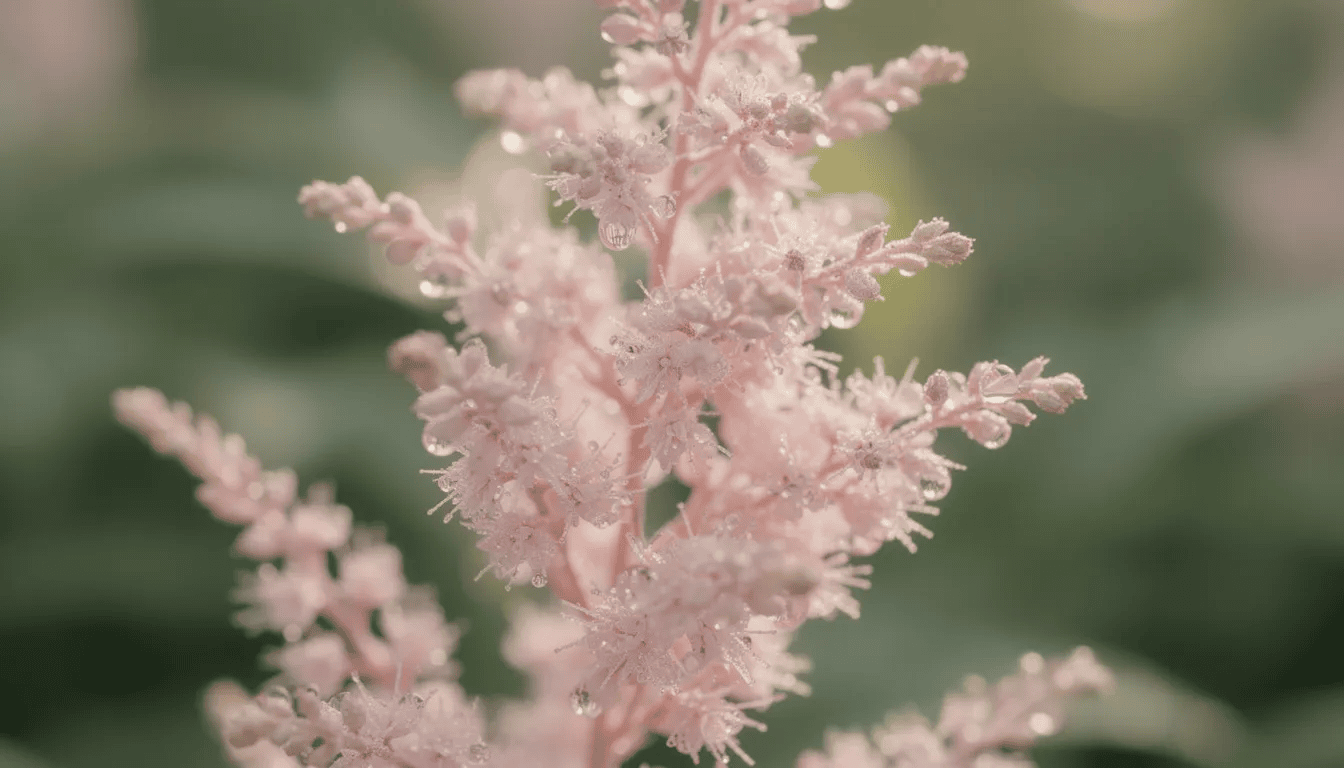 Zbliżenie na puszysty, różowy kwiatostan tawułki arendsa pokryty kroplami rosy, ukazujący jego delikatną budowę i gęste kwiatostany. W tle widać pierzaste liście, które dodają roślinie dekoracyjnego charakteru.
