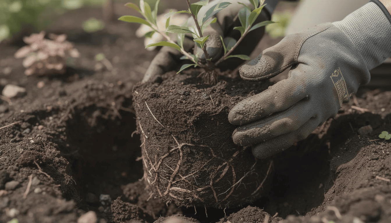 Na zdjęciu widać ręce ogrodnika, które starannie sadzą młody krzew z bryłą korzeniową w przygotowanym dole. Krzew ten może być jednym z ozdobnych krzewów, które dodają uroku ogrodowi i różnią się kształtem liści oraz wysokością docelową.