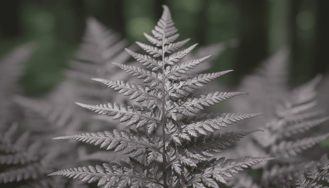 Zbliżenie na srebrzysto-fioletowe frondy wietlicy japońskiej, ukazujące delikatne, pierzaste liście, które tworzą gęste kępy. Roślina ta doskonale rośnie w stanowiskach cienistych, dodając piękny wygląd do ogrodu lub wnętrza.