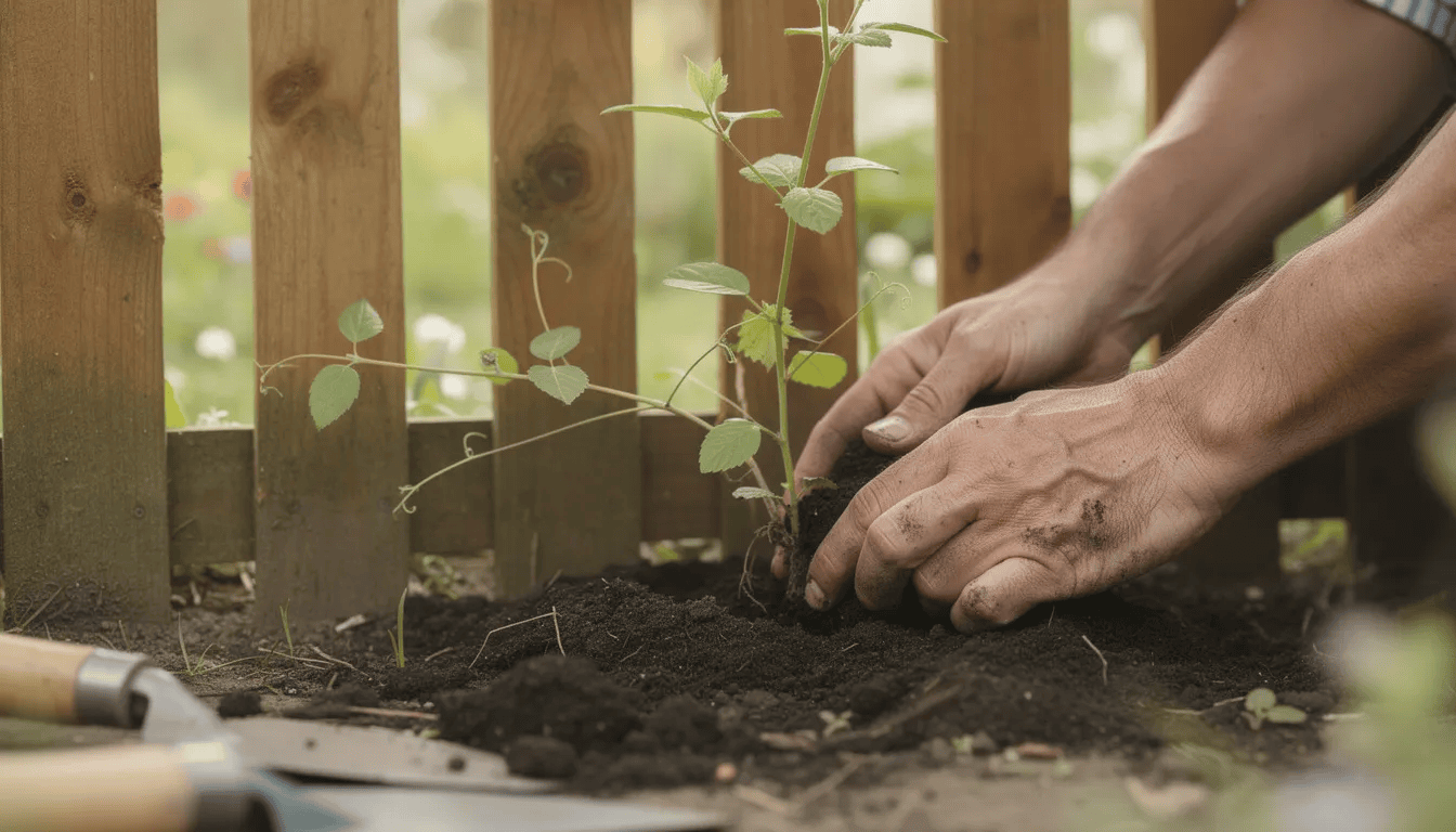 Na zdjęciu widoczne są ręce ogrodnika, które sadzą młodą roślinę pnącą, prawdopodobnie rdest auberta, obok drewnianego ogrodzenia. Roślina ta charakteryzuje się sercowatymi liśćmi i szybkim wzrostem, idealnie nadając się do tworzenia zielonej osłony na ścianach budynków.