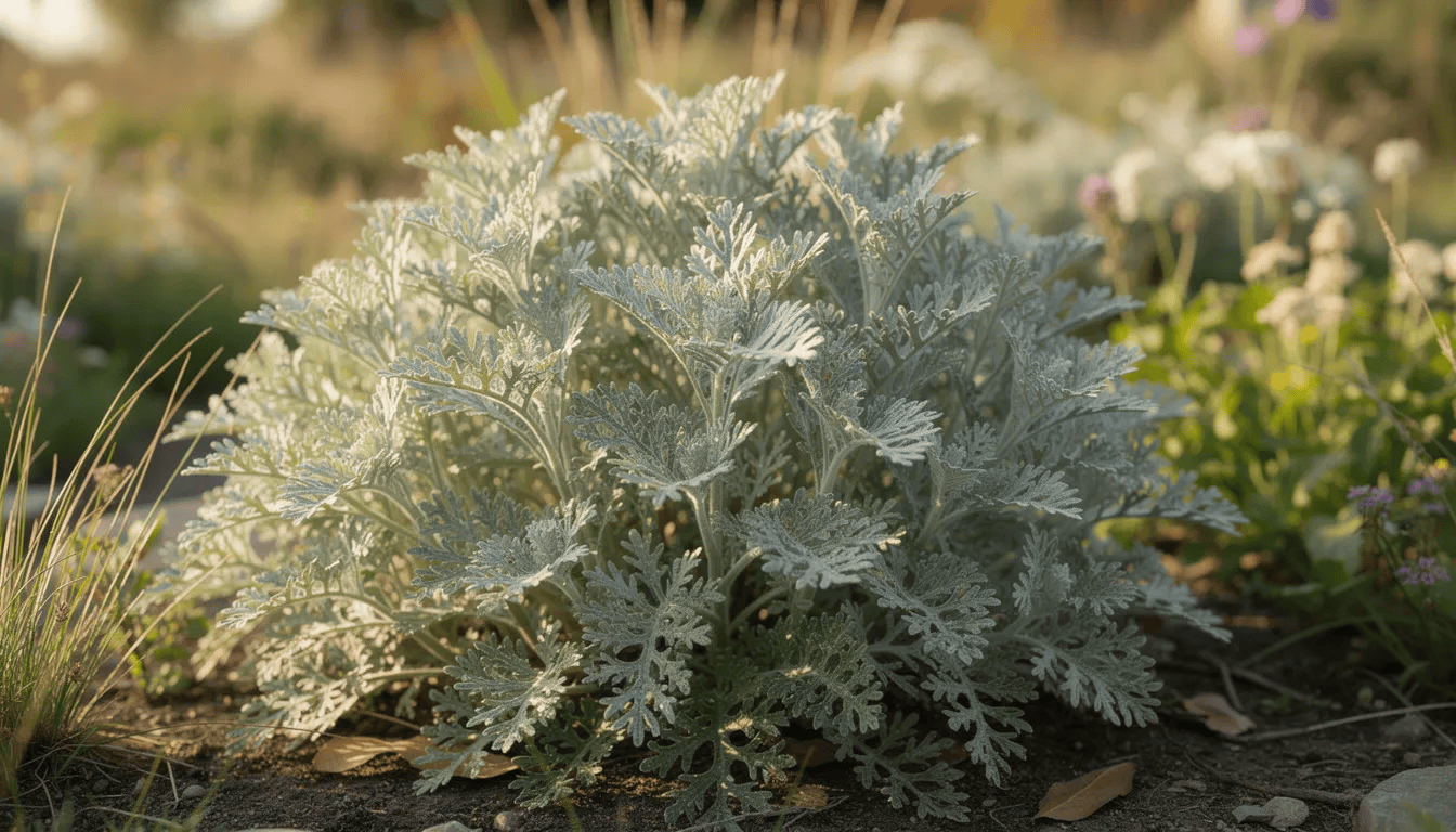 Na obrazie widoczna jest kępa bylicy o srebrzystych, pierzastych liściach, rosnąca w słonecznym ogrodzie naturalistycznym. Roślina ta, znana jako bylica pospolita, wyróżnia się intensywnym zapachem i jest często wykorzystywana w medycynie ludowej.