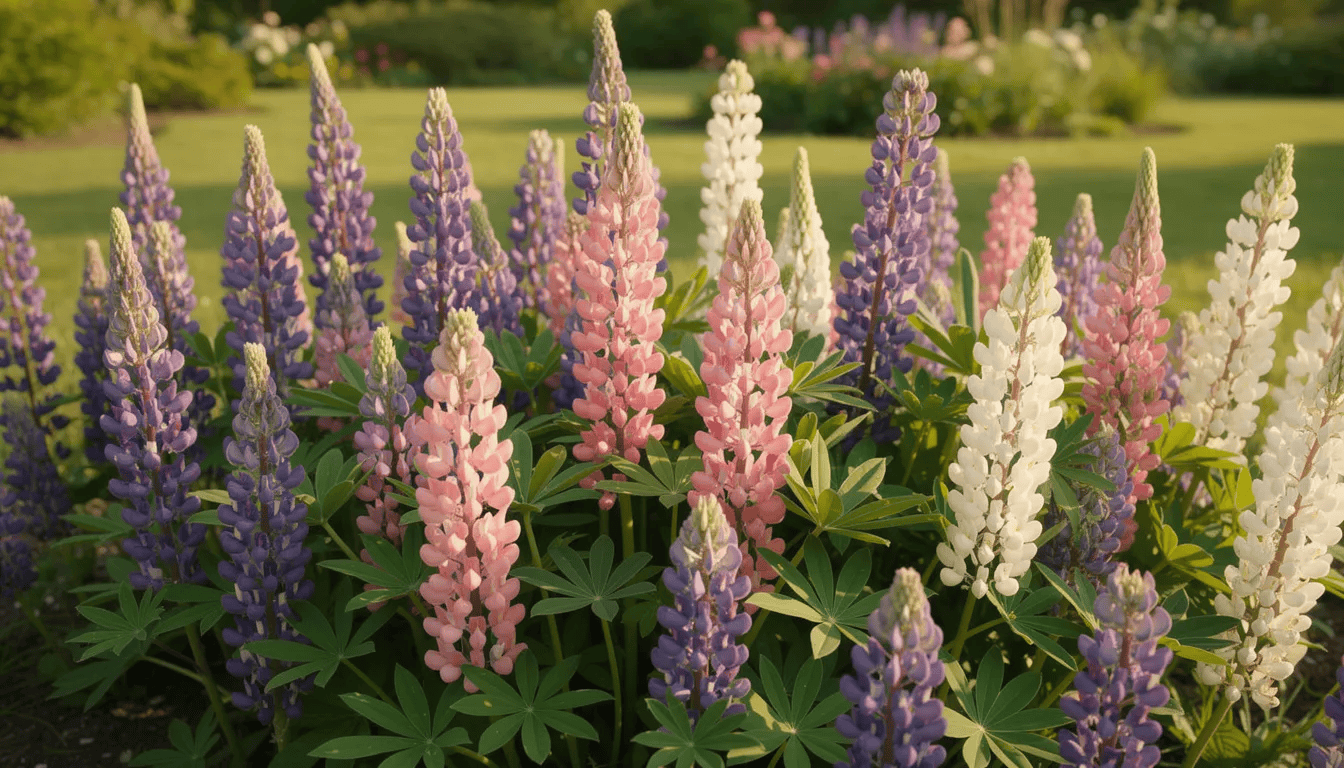 Na kolorowej rabacie kwitną łubiny w różnych odcieniach fioletu, różu i bieli, tworząc piękne kwiatostany, które przyciągają pożyteczne owady, takie jak pszczoły. Rośliny te, będące częścią rodziny bobowatych, doskonale prezentują się w ogrodzie, a ich uprawa może przyczynić się do wzbogacenia gleby w azot.