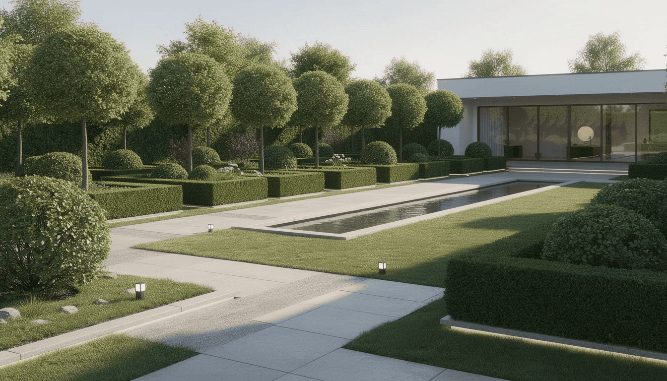 Nowoczesny ogród z kulistymi drzewkami ozdobnymi liściastymi oraz geometrycznymi żywopłotami, które tworzą harmonijną przestrzeń. Wśród roślin można dostrzec różnorodne krzewy ozdobne, nadające uroku temu miejscu.