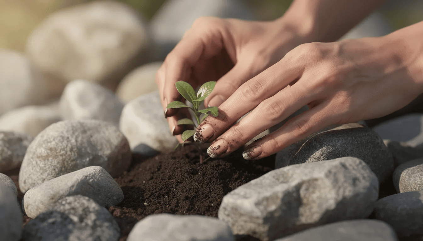 Na zdjęciu widoczne są ręce sadzące małą roślinę gęsiówki kaukaskiej między szarymi kamieniami w ogrodzie skalnym. Roślina ta, będąca niską byliną, charakteryzuje się gęsto ulistnionymi pędami i białymi kwiatami, które zachwycają obfitym kwitnieniem wiosną.