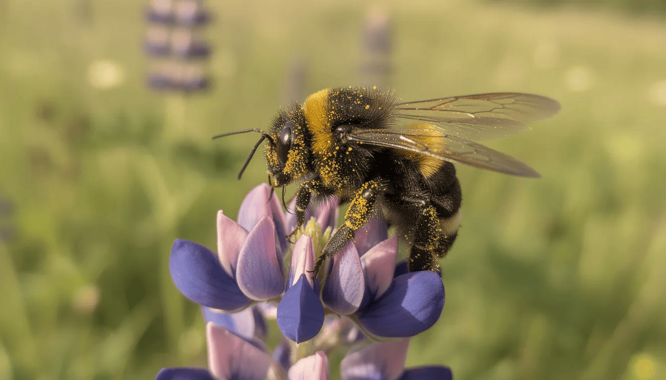 Na obrazku widoczny jest trzmiel zapylający piękne kwiaty łubinu w słoneczny dzień. Kwiaty łubinu, które mają różne odmiany, przyciągają pożyteczne owady, wspierając bioróżnorodność w ogrodzie.