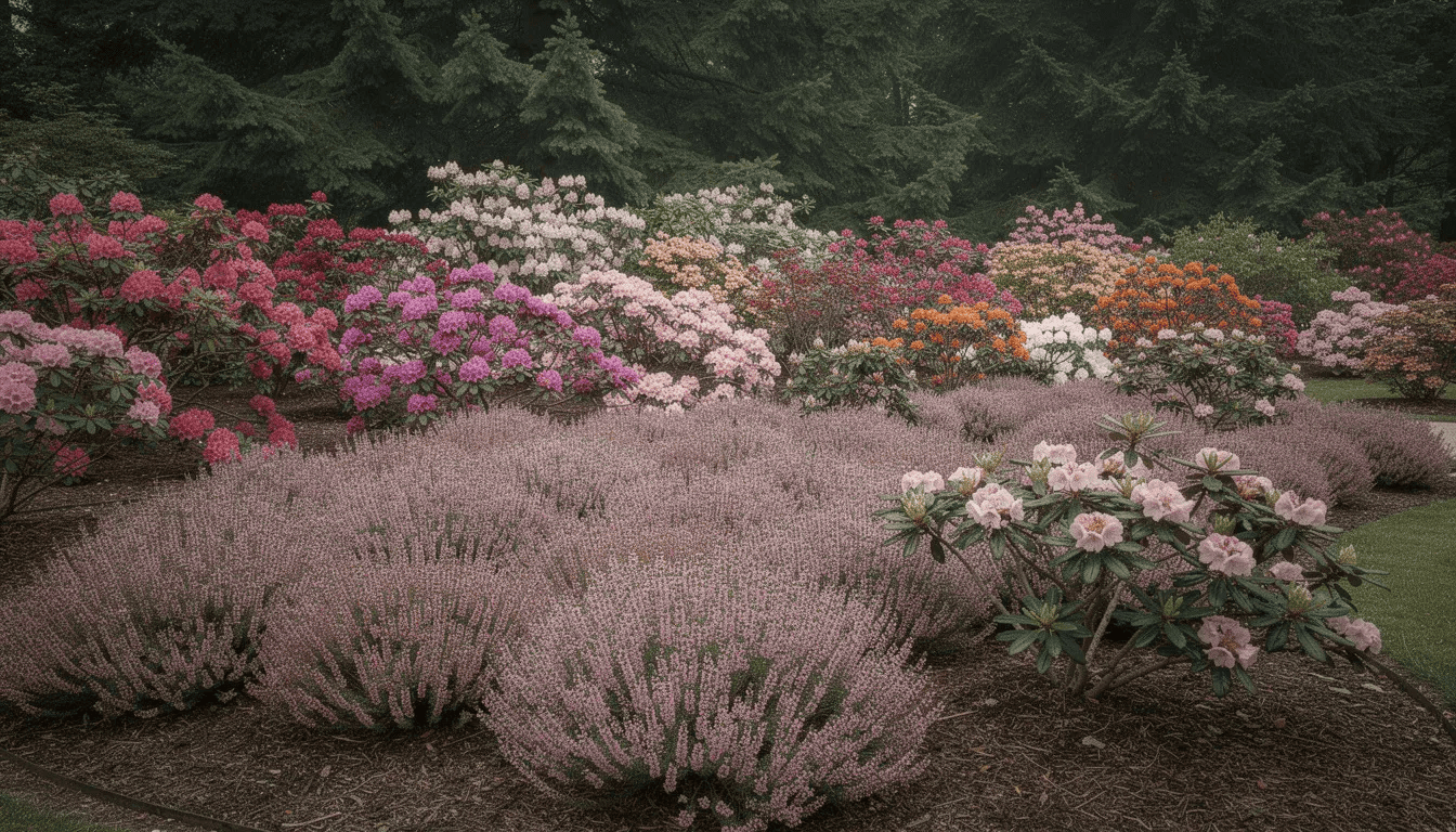 Na rabacie wrzosowiskowej rosną zimozielone krzewy kalmii szerokolistnej, które zachwycają efektownymi, jasnoróżowymi i ciemnoróżowymi kwiatami, a w tle widać rododendrony i azalie otoczone ciemnozielonymi iglakami. Całość tworzy harmonijną kompozycję w umiarkowanie wilgotnym ogrodzie, idealną do uprawy roślin wrzosowatych.