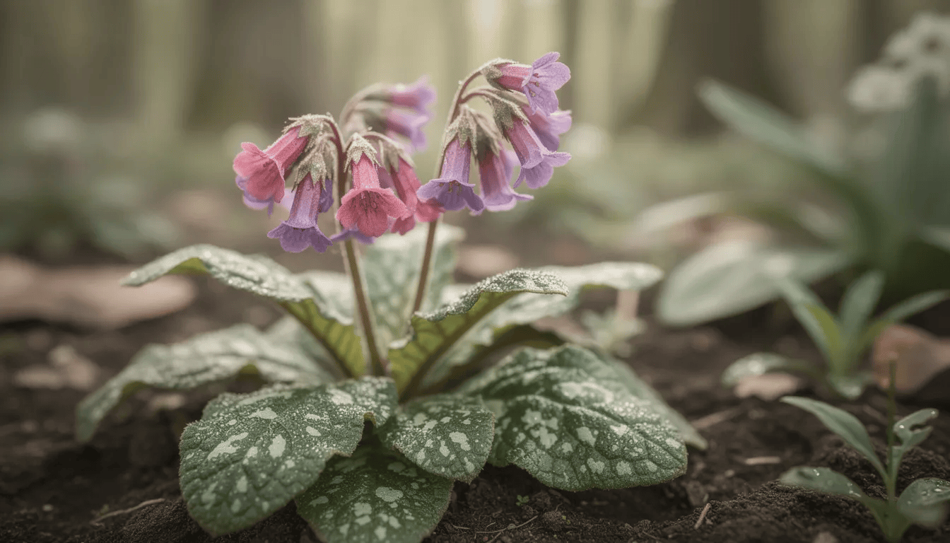Na obrazie znajduje się kwitnąca miodunka plamista, z jej charakterystycznymi różowo-fioletowymi kwiatami, rosnąca w cienistym ogrodzie. Roślina ta, znana również jako pulmonaria officinalis, zdobi przestrzeń swoimi dekoracyjnymi liśćmi i kwiatostanami, które przyciągają uwagę wczesną wiosną.