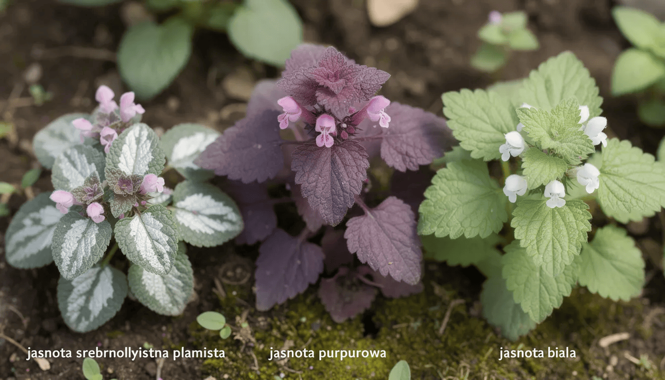 Na zdjęciu znajduje się porównanie trzech gatunków jasnoty rosnących obok siebie: jasnota plamista z srebrnymi liśćmi, jasnota purpurowa z fioletowymi liśćmi oraz jasnota biała z jasnozielonymi liśćmi. Każdy z tych gatunków wyróżnia się charakterystycznym wyglądem, co czyni je interesującymi roślinami okrywowymi w ogrodzie.