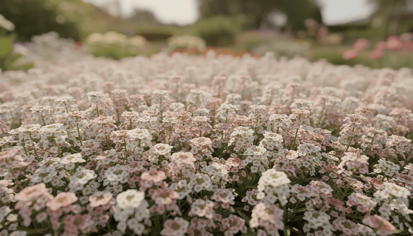 Na obrazie widoczny jest gęsty dywan białych i różowych drobnych kwiatów smagliczki nadmorskiej, tworzący zwarte kępy w ogrodzie. Roślina ta, znana z intensywnego kwitnienia przez całe lato, przyciąga owady zapylające, takie jak pszczoły.