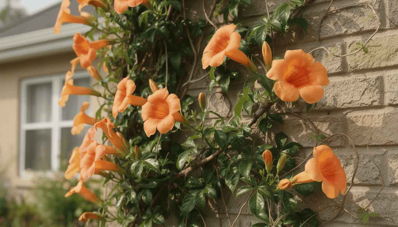 Na zdjęciu widać silnie rosnące pnącze, czyli milin amerykański, z dużymi, trąbkowatymi kwiatami w intensywnym pomarańczowym kolorze, wspinające się po murze domu. Kwiaty te kwitną obficie od lipca do września, tworząc efektowny widok.