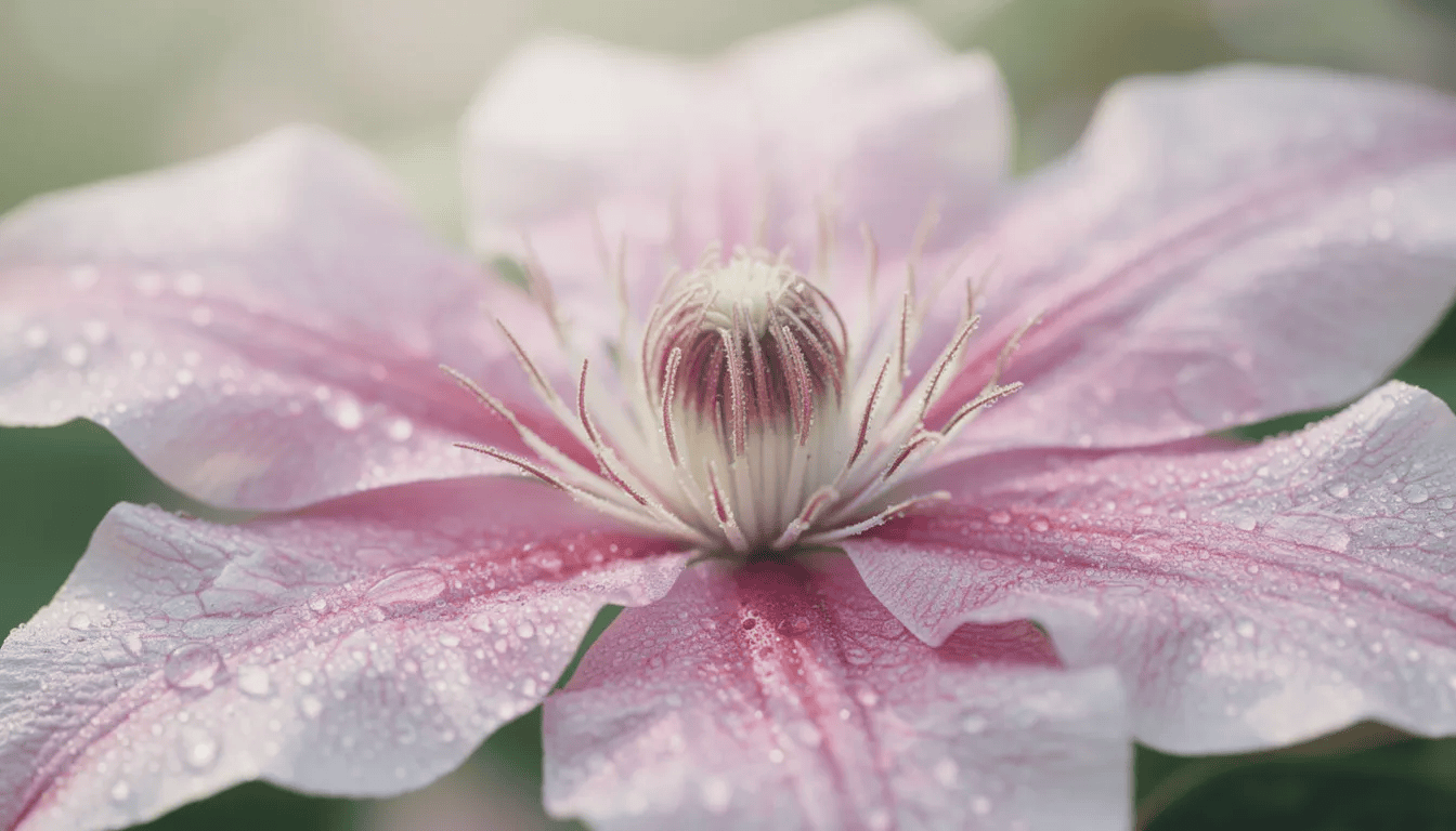 Zbliżenie na duży, różowo-biały kwiat powojnika wielkokwiatowego, pokryty kroplami rosy, wyrastający na długich szypułkach. Kwiat ten należy do obficie kwitnącej odmiany clematis, idealnej do ozdabiania konstrukcji ogrodowych.