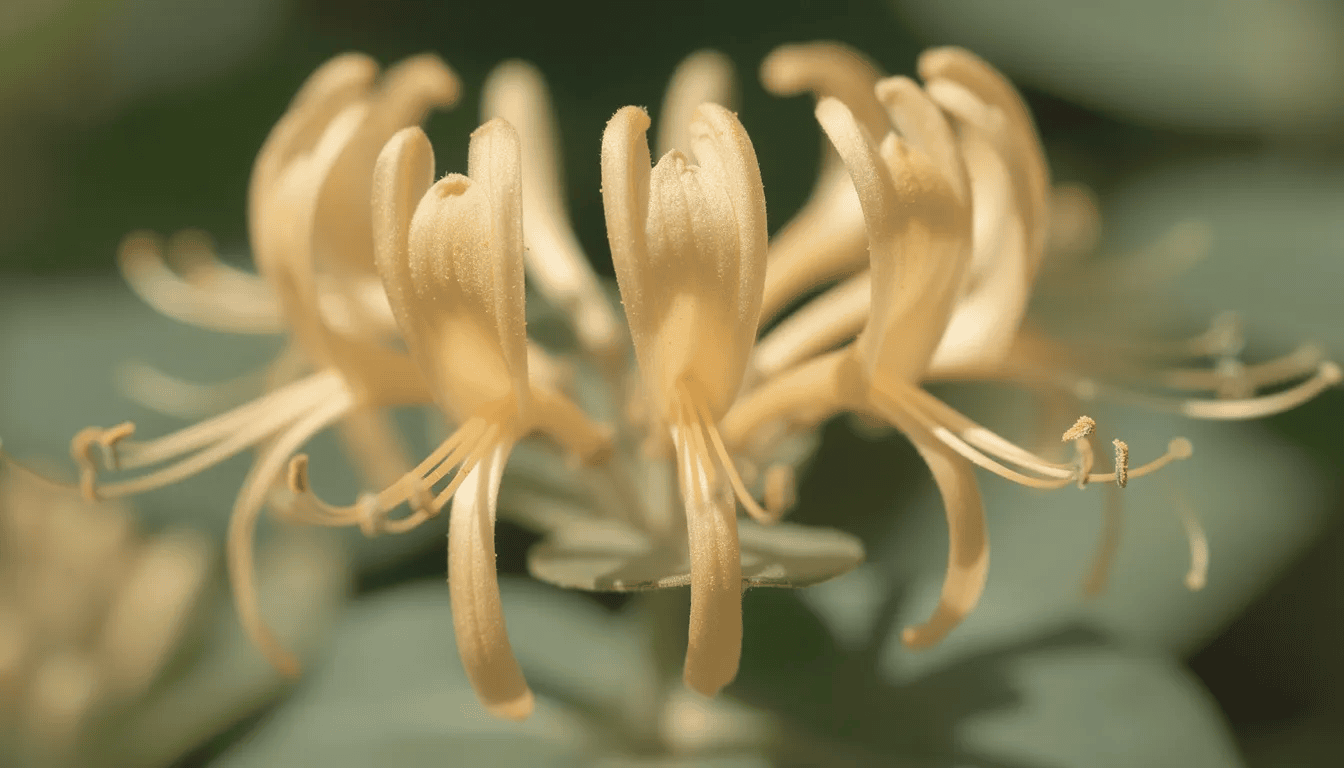 Zbliżenie na kremowo-żółte kwiaty wiciokrzewu o rurkowatym kształcie, które są zebrane w grupy i emanują delikatnym zapachem. Te piękne kwiaty, charakterystyczne dla wiciokrzewu japońskiego, kwitną obficie wczesną wiosną, dodając uroku każdemu ogrodowi.