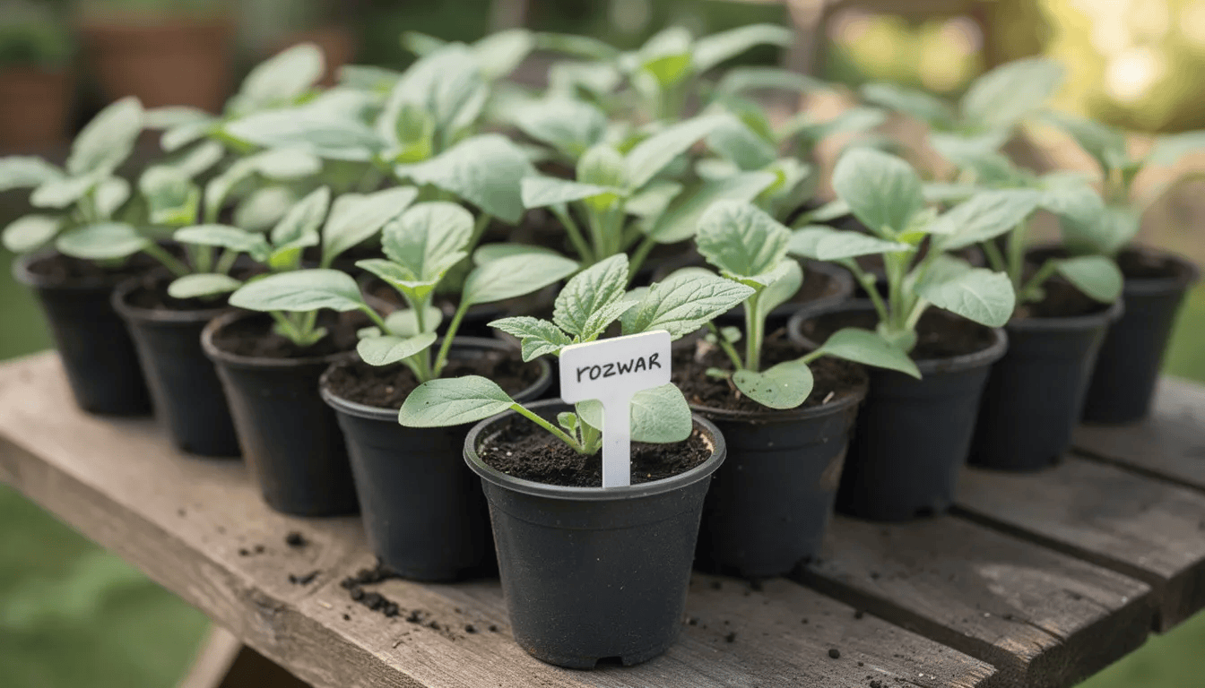 Na obrazku znajdują się młode sadzonki rozwaru wielkokwiatowego w doniczkach, gotowe do sadzenia. Rośliny te mają długie korzenie i pąki kwiatowe, które wkrótce rozwiną dzwonkowate kwiaty, typowe dla rodziny dzwonkowatych.
