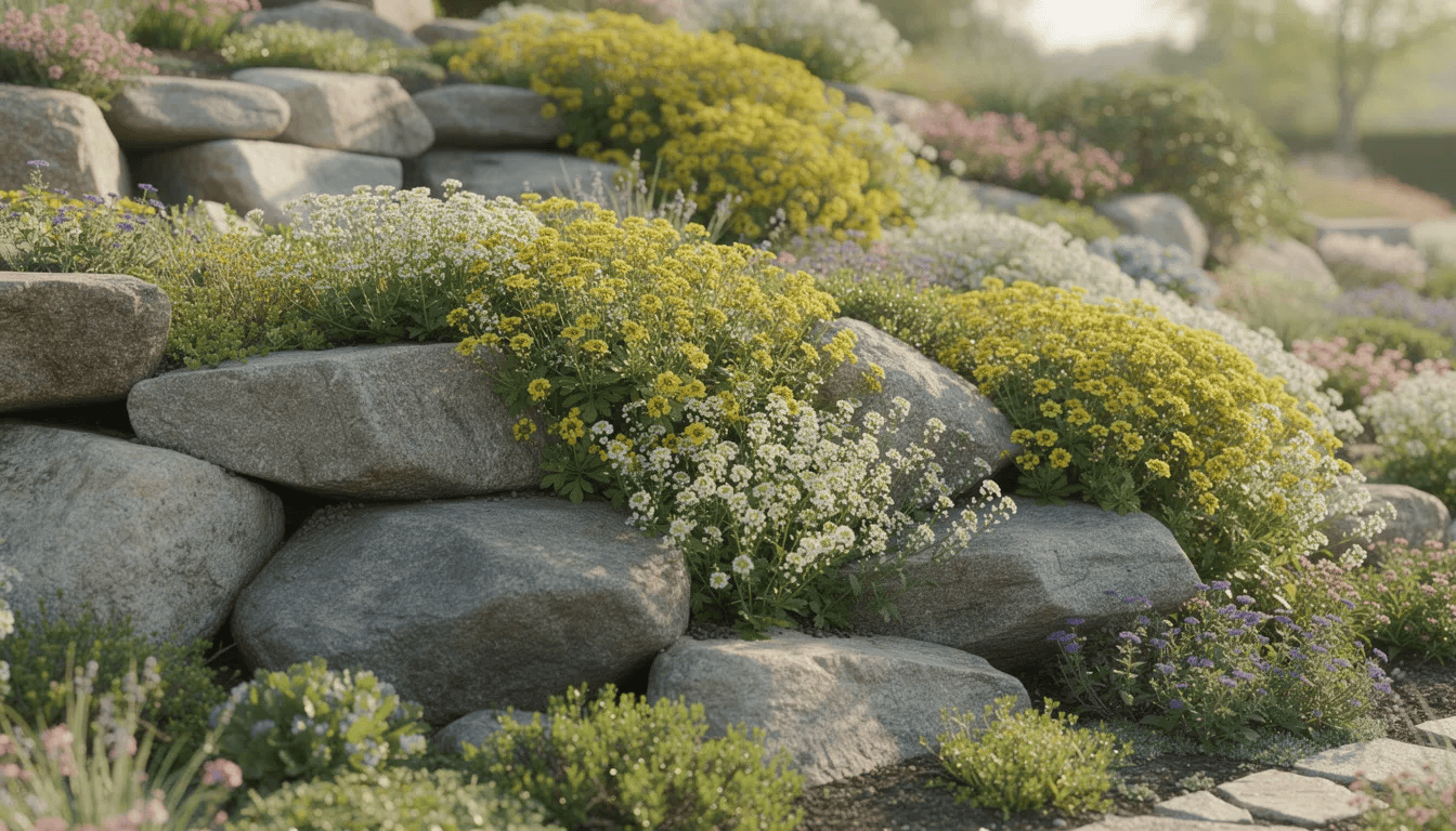 Ogród skalny z kaskadami smagliczki nadmorskiej, która tworzy gęste, zwarte kępy drobnych białych kwiatów, otoczony jest kamieniami i niskimi bylinami. Roślina ta, będąca miododajną jednoroczną rośliną, kwitnie przez całe lato, przyciągając owady zapylające.