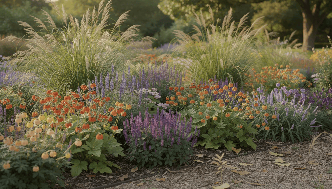 Na kolorowej rabacie bylinowej rosną kukliki w odcieniach żółtym, czerwonym i pomarańczowym, otoczone szałwiami i trawami ozdobnymi. Rośliny te preferują stanowiska słoneczne i umiarkowanie wilgotne gleby, tworząc atrakcyjne kompozycje w naturalnym ogrodzie.