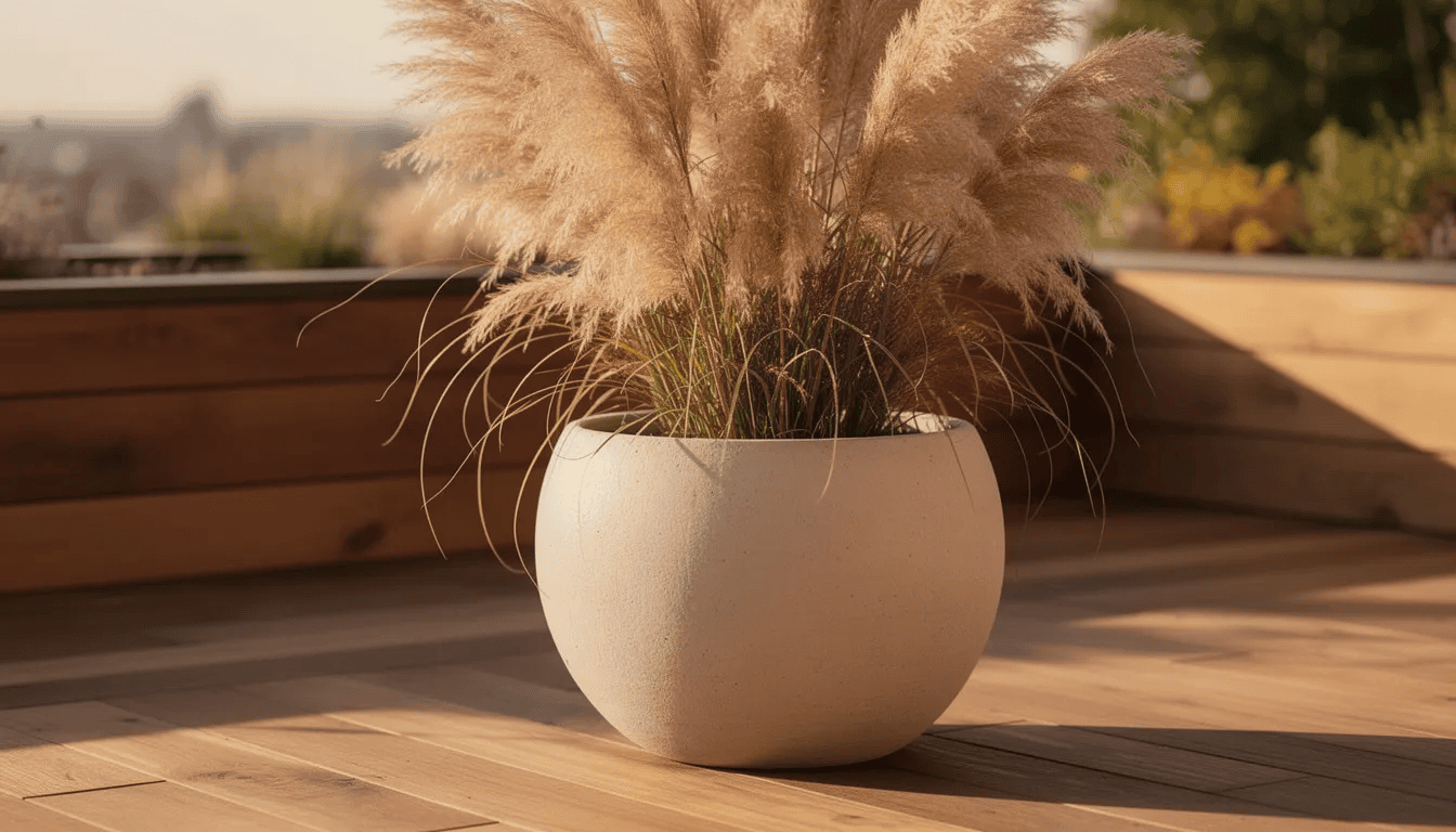 Na słonecznym tarasie z drewnianą podłogą znajduje się duża ceramiczna donica, w której rośnie trawa pampasowa, charakteryzująca się puszystymi, różowymi kwiatostanami. Roślina ta, znana z eleganckiego wyglądu, dodaje niepowtarzalnego charakteru przestrzeni, a jej liście pięknie kontrastują z jasnym otoczeniem.