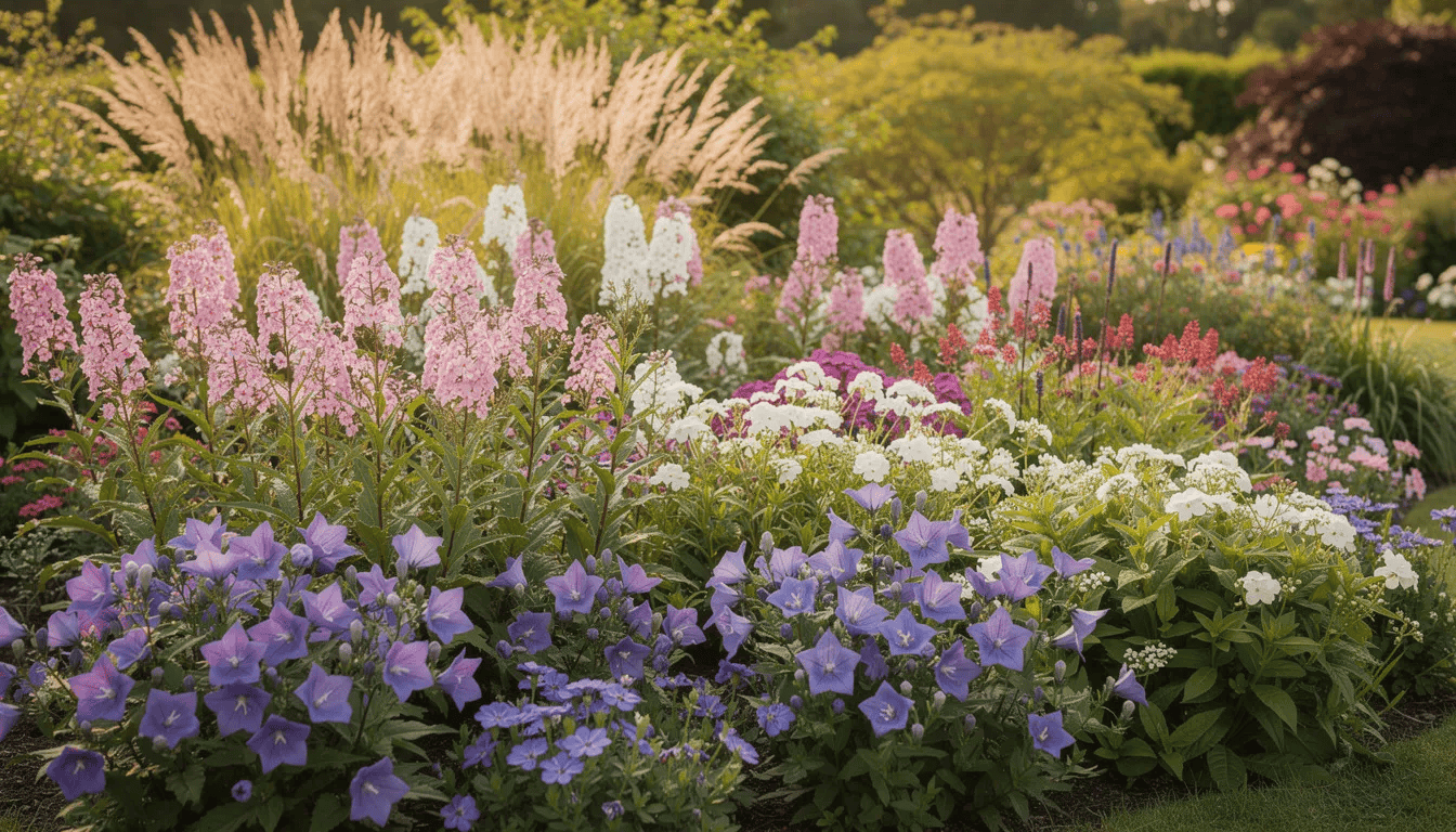 Na kolorowej rabacie bylinowej znajdują się rozmary, floks i trawy ozdobne, tworząc harmonijną kompozycję. Wśród nich wyróżniają się duże, dzwonkowate kwiaty rozwaru wielkokwiatowego, które kwitną wiosną, dodając uroku ogrodowi.