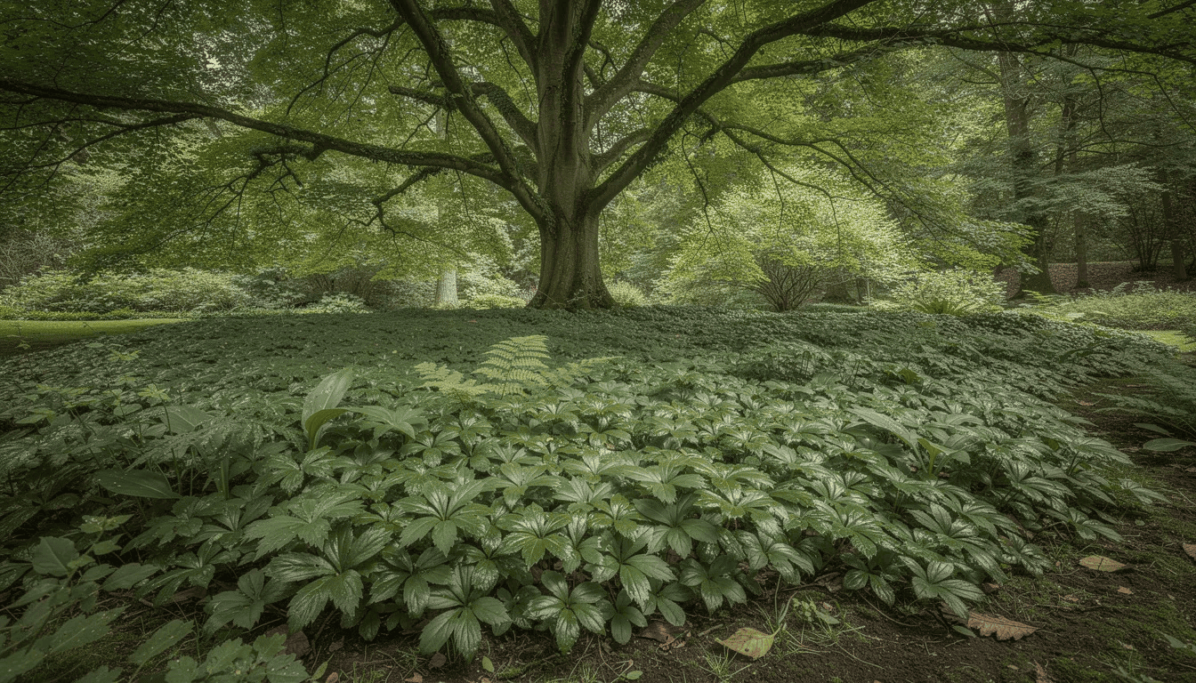 Na obrazie widoczny jest gęsty dywan runianki japońskiej, rosnący w cienistym ogrodzie pod koronami drzew liściastych. Roślina okrywowa tworzy zwarty kobierzec z błyszczących, zielonych liści, a wczesną wiosną pojawiają się drobne, białe kwiaty, które dodają uroku temu zacienionemu miejscu.
