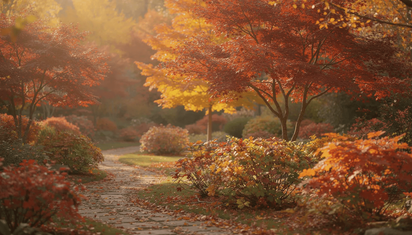 Jesienny ogród pełen kolorowych drzew liściastych i ozdobnych krzewów, które zachwycają czerwonymi, złotymi i pomarańczowymi liśćmi, tworzy malowniczy krajobraz. Wśród roślin można dostrzec różne gatunki, które różnią się kształtem liści i wysokością docelową, nadając przestrzeni wyjątkowego uroku.