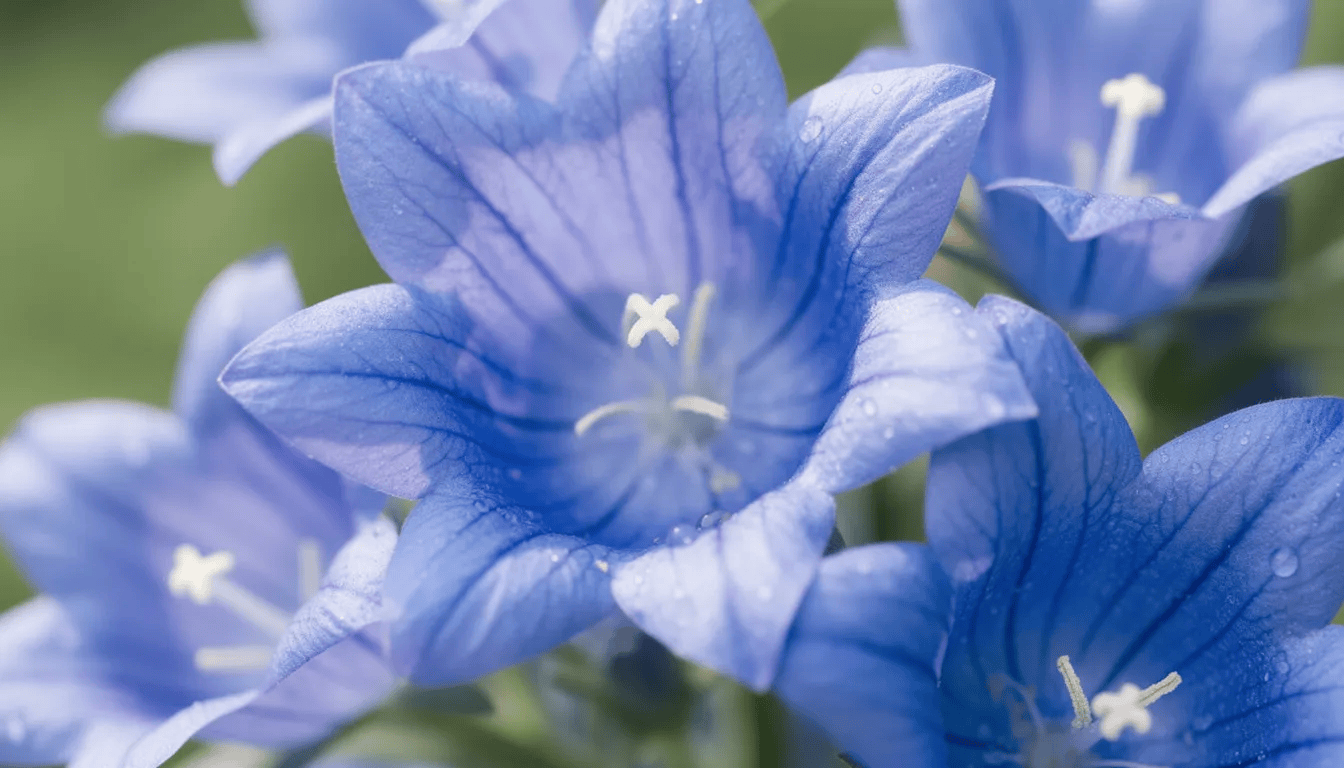 Zbliżenie na intensywnie niebieskie kwiaty dzwonka karpackiego, które mają charakterystyczny kształt dzwonków. Rośliny te, należące do rodziny dzwonkowatych, pięknie prezentują się w ogrodach skalnych i przyciągają zapylacze, takie jak pszczoły i motyle.