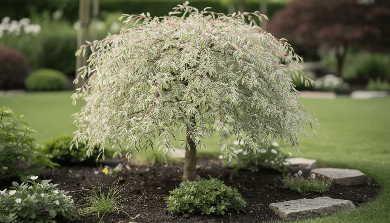 Na zdjęciu znajduje się wierzba Hakuro-nishiki z biało-różowo-zielonymi liśćmi, rosnąca w przydomowym ogrodzie. Jej kolorowe pędy i dekoracyjne liście nadają ogrodowi wyjątkowy urok, a roślina ta doskonale nadaje się do małych i dużych przestrzeni zielonych.