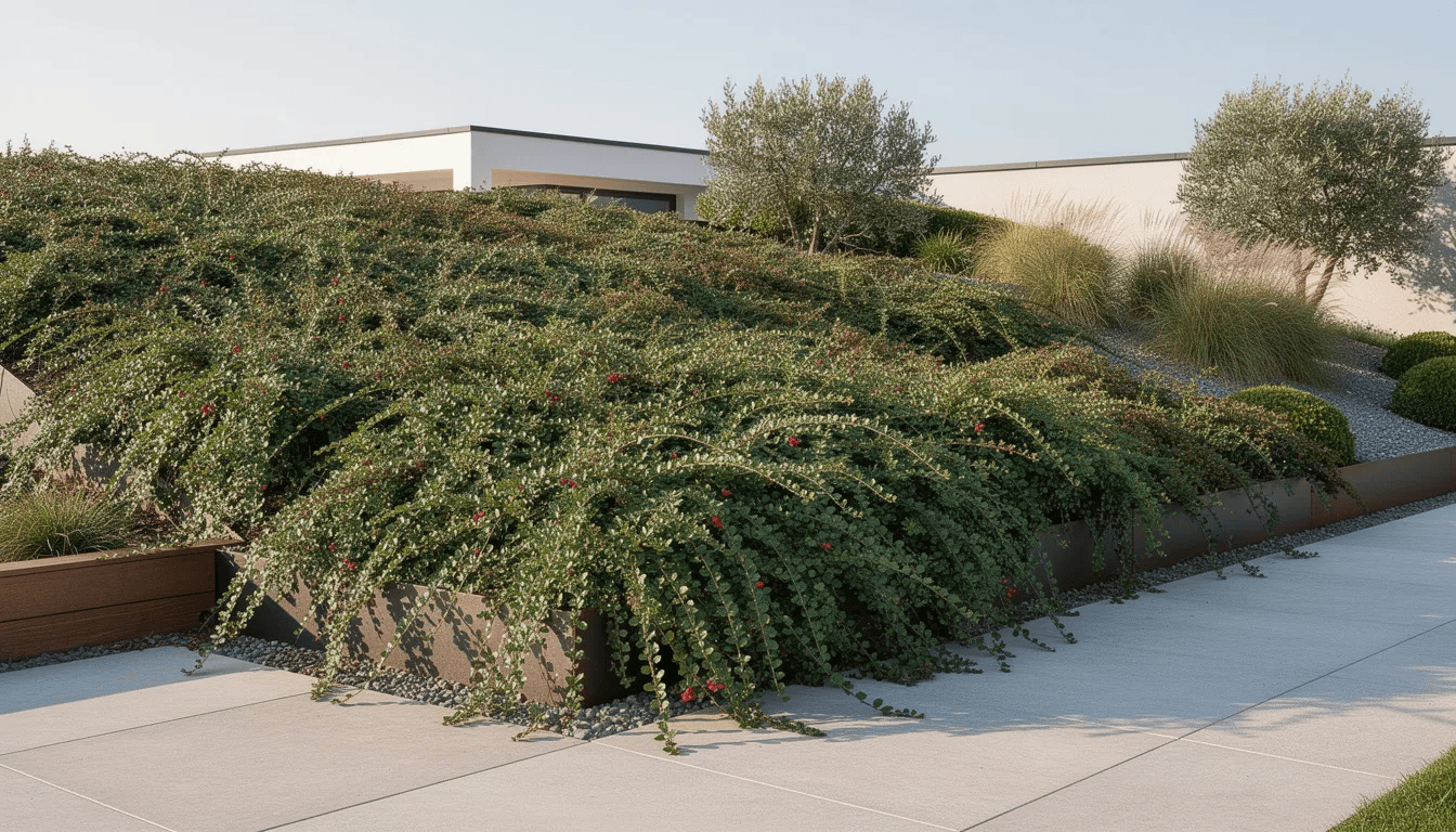 Na obrazie przedstawiona jest nowoczesna skarpa ozdobiona irgą, w tym irgą płożącą oraz irgą błyszczącą, które tworzą zwartą okrywę. W tle widać różowe kwiaty zebrane w niewielkie grona, a na gałązkach rosną czerwone owoce, co nadaje ogrodowi atrakcyjny wygląd.