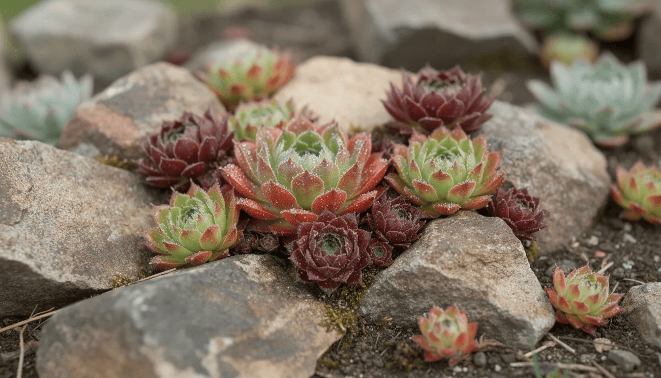 Na zdjęciu znajduje się skalniak ogrodowy z kolorowymi rojnikami, takimi jak rojnik górski i rojnik murowy, które rosną między kamieniami. Rośliny te, charakteryzujące się mięsistymi liśćmi, tworzą piękne kompozycje w ogrodzie, idealnie przystosowane do stanowisk słonecznych i wymagające umiarkowanego podlewania.