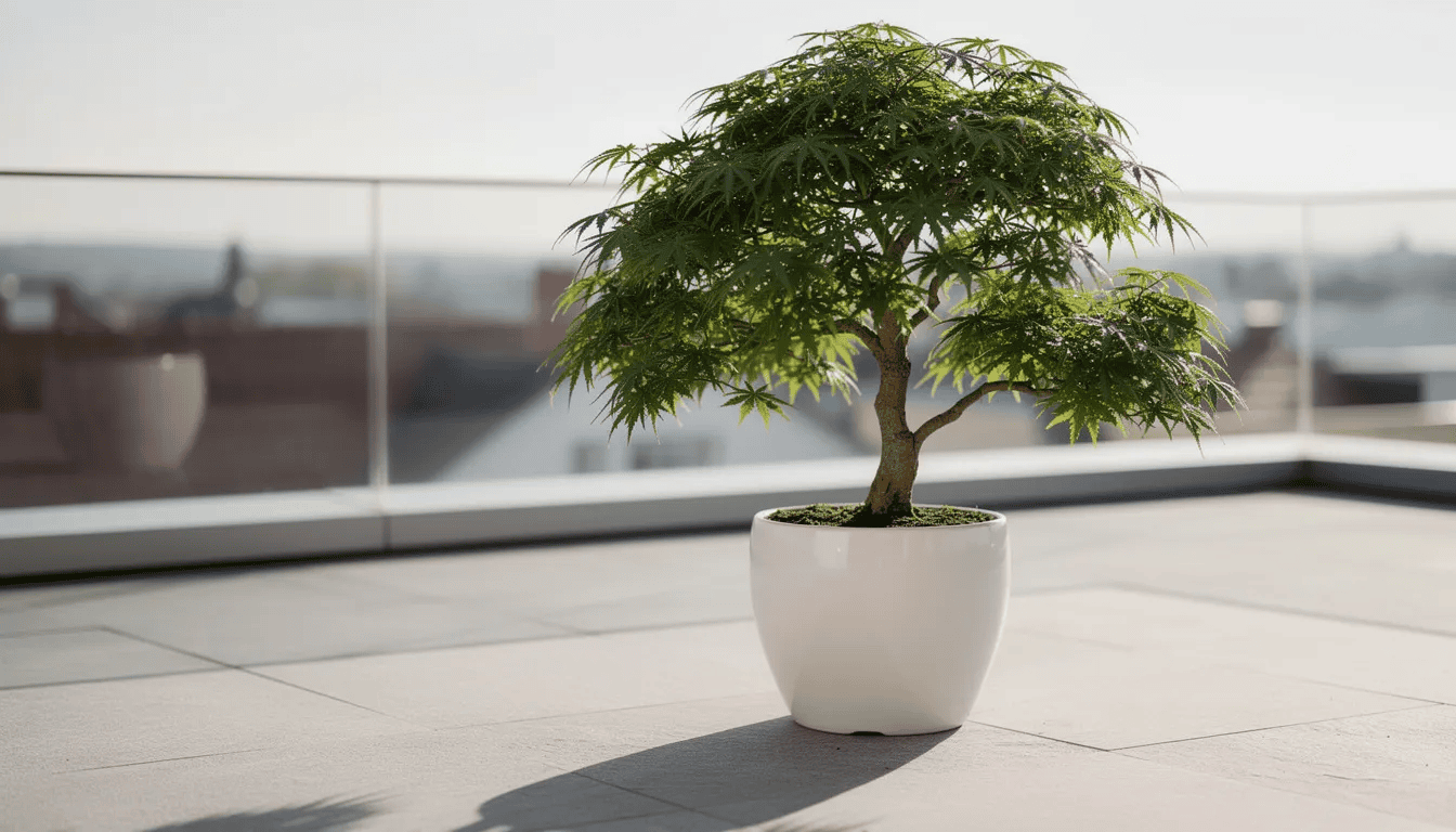 Na słonecznym tarasie znajduje się elegancki klon palmowy w ceramicznej donicy, charakteryzujący się dużymi, kolorowymi liśćmi. Roślina ta, ceniona za swoje walory dekoracyjne, dodaje uroku przestrzeni, a jej gęsta korona doskonale komponuje się z otoczeniem.