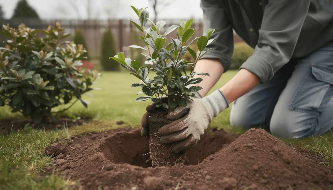 Na obrazku widać sadzenie młodego krzewu laurowiśni w ogrodzie, z błyszczącymi, ciemnozielonymi liśćmi, które zachwycają intensywnym odcieniem. Sadzonka laurowiśni, przypominająca jadalny wawrzyn, jest umieszczona w przepuszczalnej glebie, co pomoże zapobiec wysychaniu rośliny.
