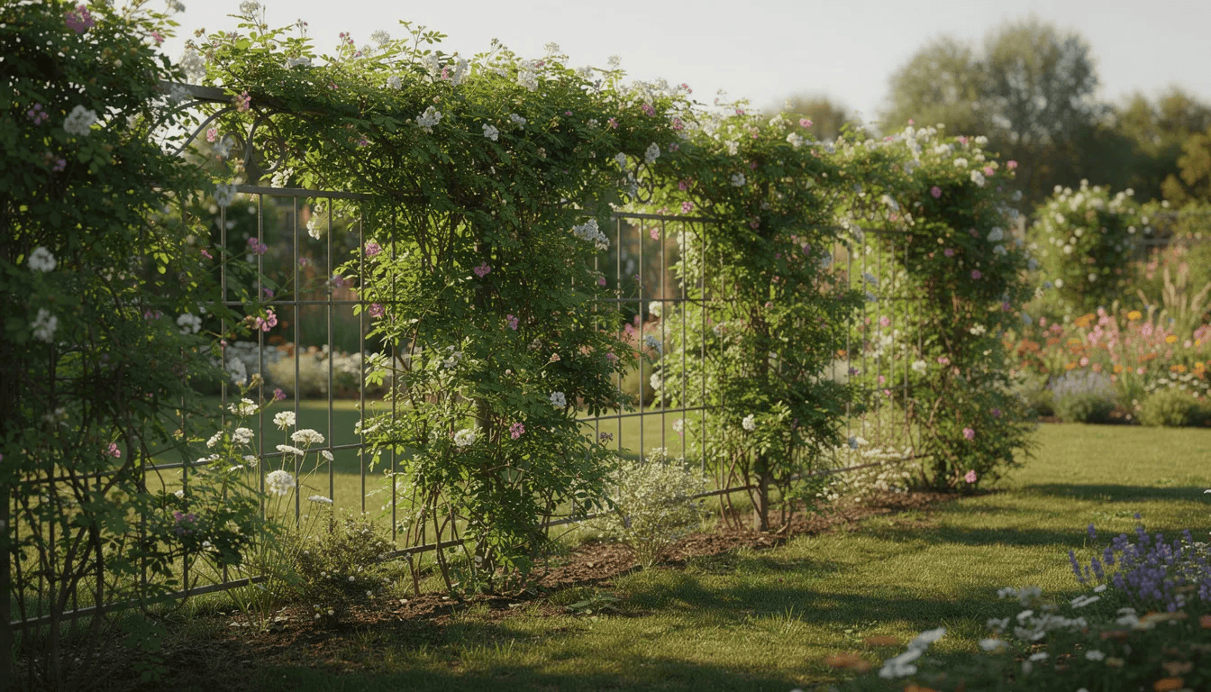 Na zdjęciu widoczne są pnące rośliny, w tym rdest auberta, które pokrywają metalowe ogrodzenie w letnim ogrodzie. Rośliny mają sercowate liście i intensywnie rosną, tworząc zieloną osłonę, co sprawia, że ogrodzenie staje się mniej widoczne.