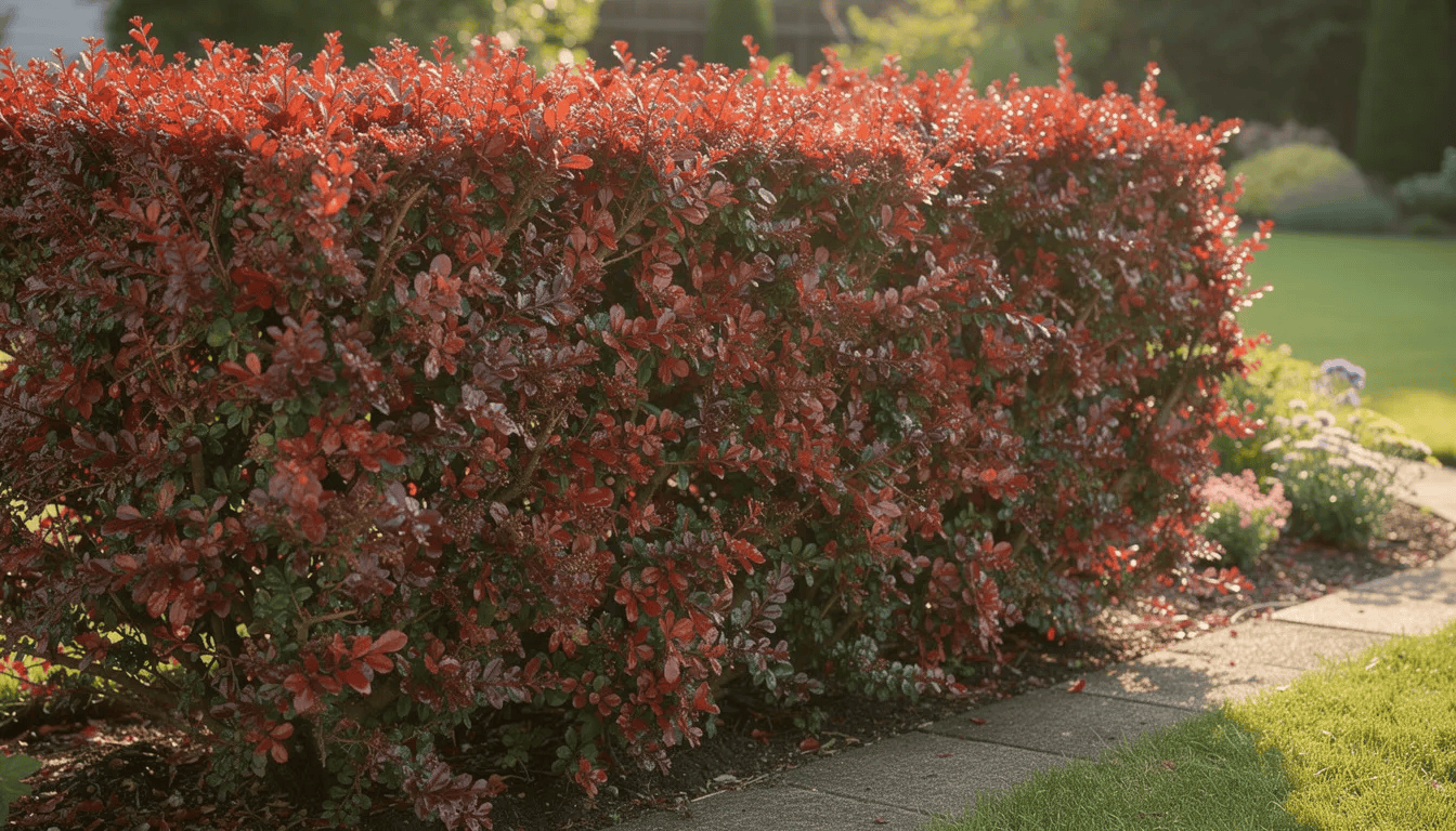 Gęsty żywopłot z berberysu o intensywnie wybarwionych liściach, w tym czerwonych i bordowych odcieniach, znajduje się w ogrodzie, tworząc efektowną ozdobę. Roślina ta, znana z właściwości leczniczych, jest idealna do tworzenia żywopłotów i dobrze rośnie w słonecznych stanowiskach.