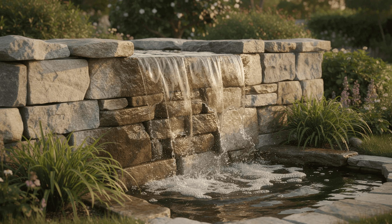 Na zdjęciu widoczny jest ubiorek wiecznie zielony, który kaskadowo spływa po kamiennym murku w ogrodzie. Roślina okrywowa charakteryzuje się gęstym pokrojem oraz białymi kwiatami, tworząc piękną kompozycję w otoczeniu innych roślin.