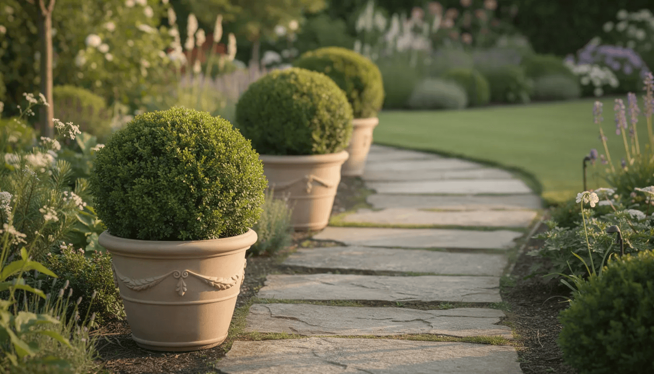 Elegancka kompozycja ogrodowa przedstawia bukszpanowe kule w donicach, umieszczone wzdłuż kamiennej ścieżki. Rośliny te, będące wiecznie zielonymi krzewami, tworzą harmonijny i stylowy element w ogrodzie, idealny do sadzenia w pełnym słońcu.