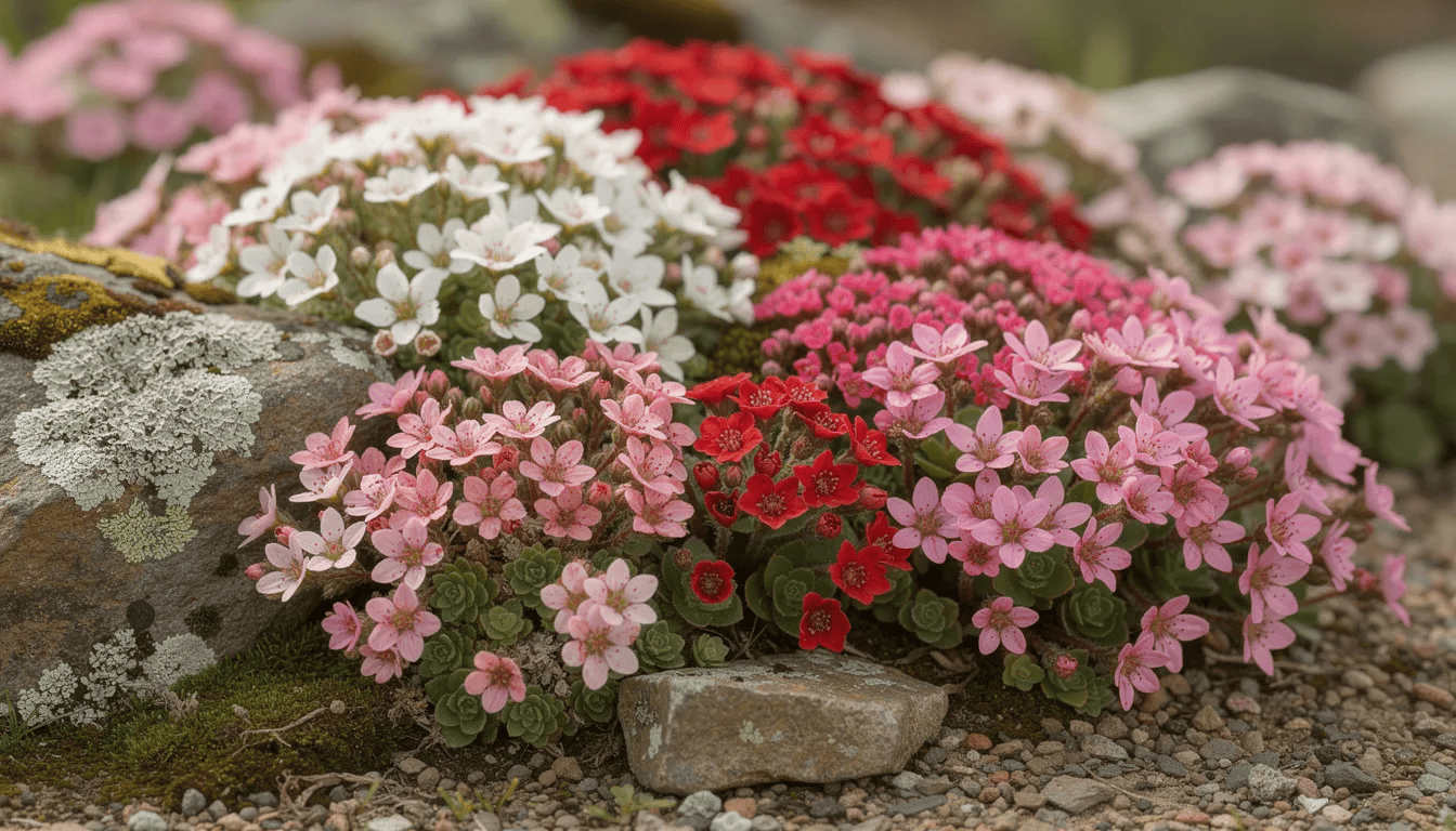Na obrazku widoczne są różnokolorowe odmiany skalnicy Arendsa, które kwitną na skalniaku, tworząc gęste kępy z drobnymi kwiatami. Rośliny te idealnie nadają się do ogrodów skalnych i rabat bylinowych, przyciągając uwagę swoim obfitym kwitnieniem w maju i czerwcu.