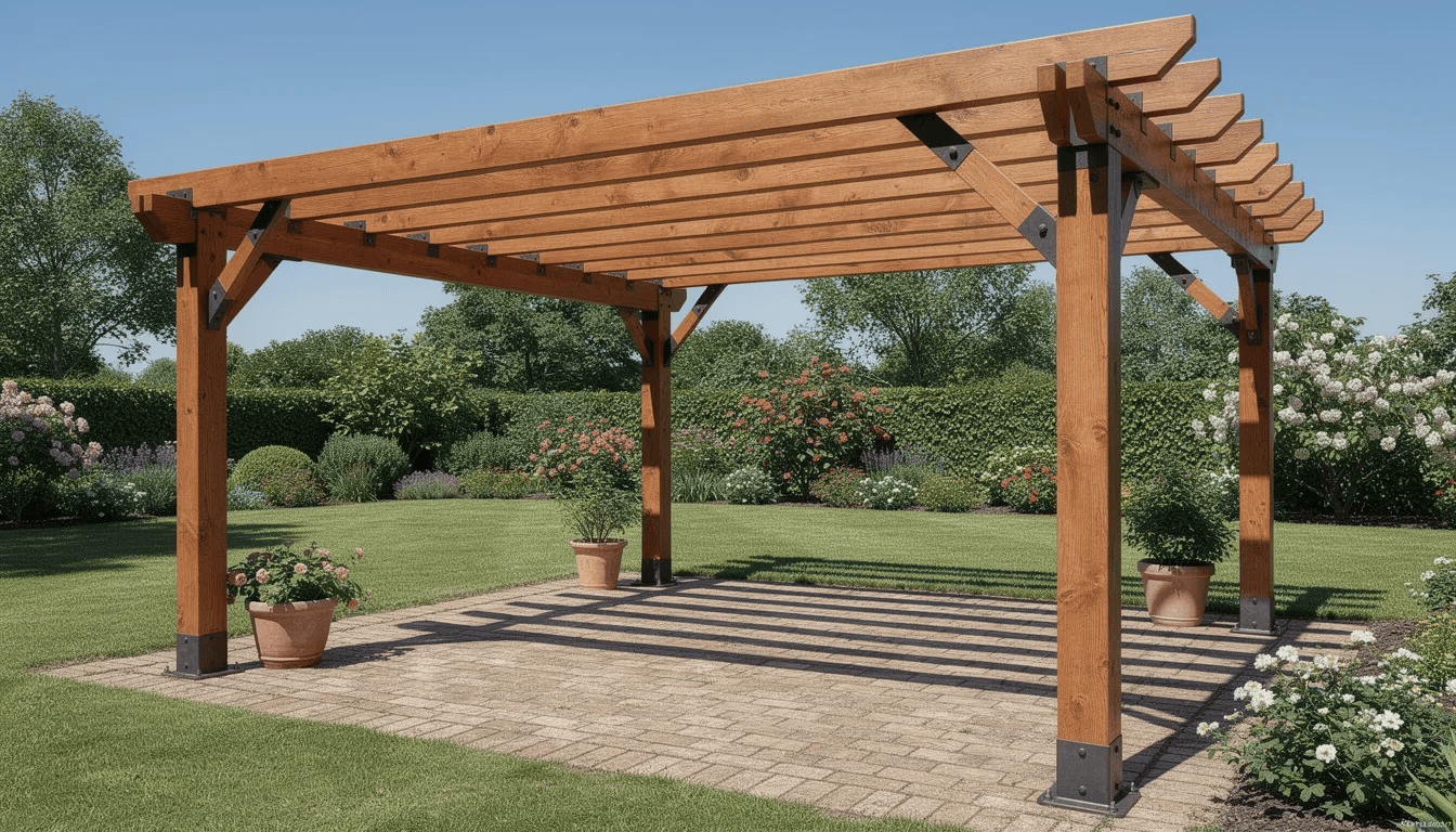 Na zdjęciu znajduje się solidna drewniana pergola z metalowymi wzmocnieniami, otoczona słonecznym ogrodem, w którym rośnie glicynia. Roślina ta, znana jako wisteria, ma długie groniaste kwiatostany, które dodają uroku temu przestronnemu miejscu.