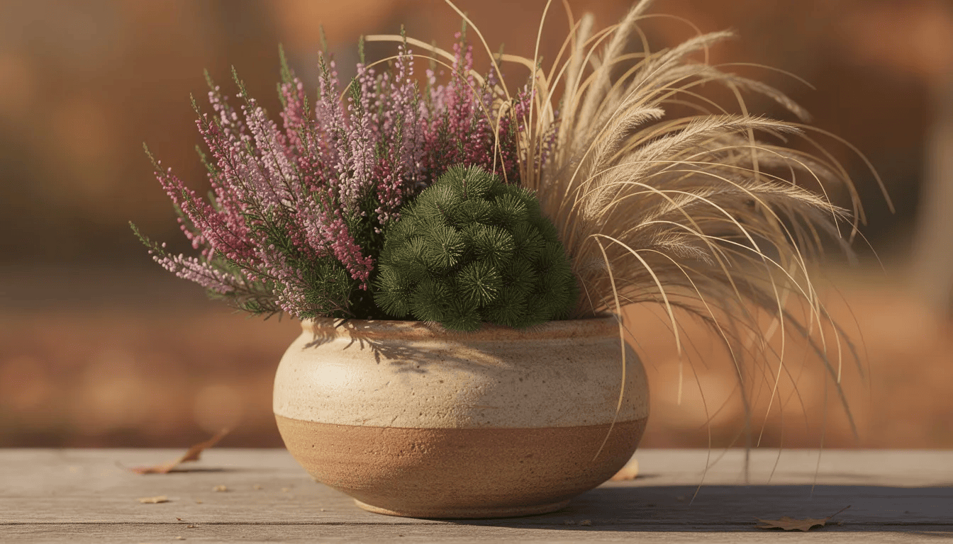 Na zdjęciu znajduje się jesienna kompozycja w ceramicznej donicy, w której rosną kwiaty wrzosu o intensywnie różowej barwie, miniaturowy iglak oraz ozdobna trawa. Całość tworzy harmonijną aranżację, idealną do dekoracji wnętrza lub ogrodu w sezonie jesiennym.