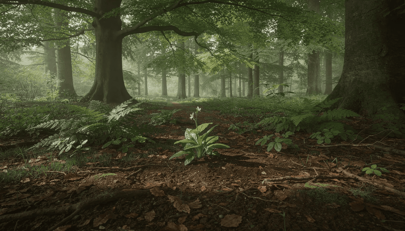 Na zdjęciu znajduje się idealne stanowisko dla parzydła leśnego, z zacienionym miejscem pod koronami starych drzew liściastych. Wilgotna, próchnicza gleba sprzyja wzrostowi tej rośliny, która osiąga wysokość do 2 metrów i przyciąga motyle swoimi pięknymi, pierzastymi kwiatostanami.