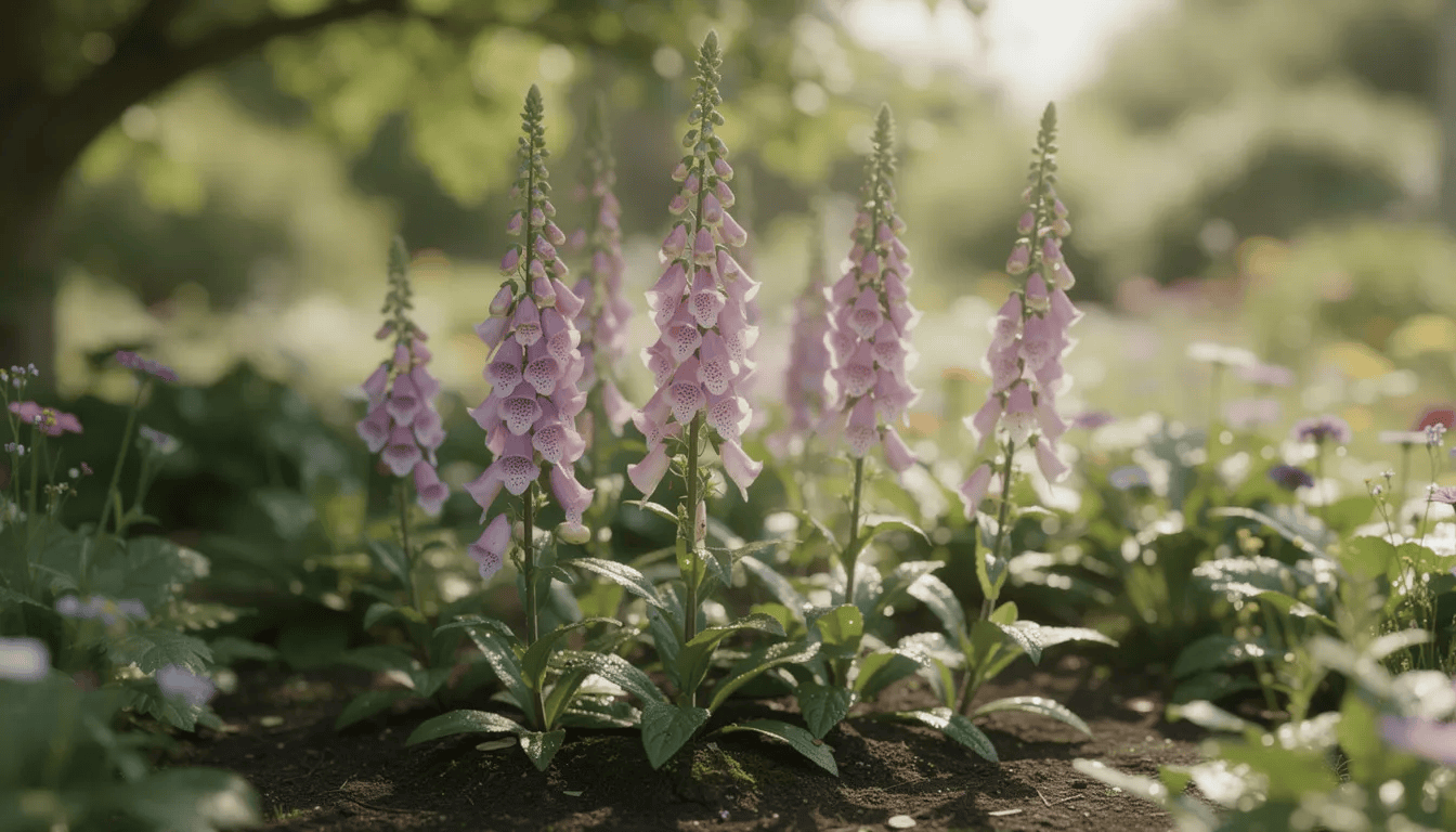 W ogrodzie rosną wysokie pędy kwiatostanowe naparstnicy purpurowej, które kwitną w odcieniach różu i fioletu, tworząc efektowną kompozycję w półcieniu. Rośliny te, będące trującymi bylinami, przyciągają pszczoły i trzmiele, a ich lancetowate liście dodają uroku kwiatowym rabatom.