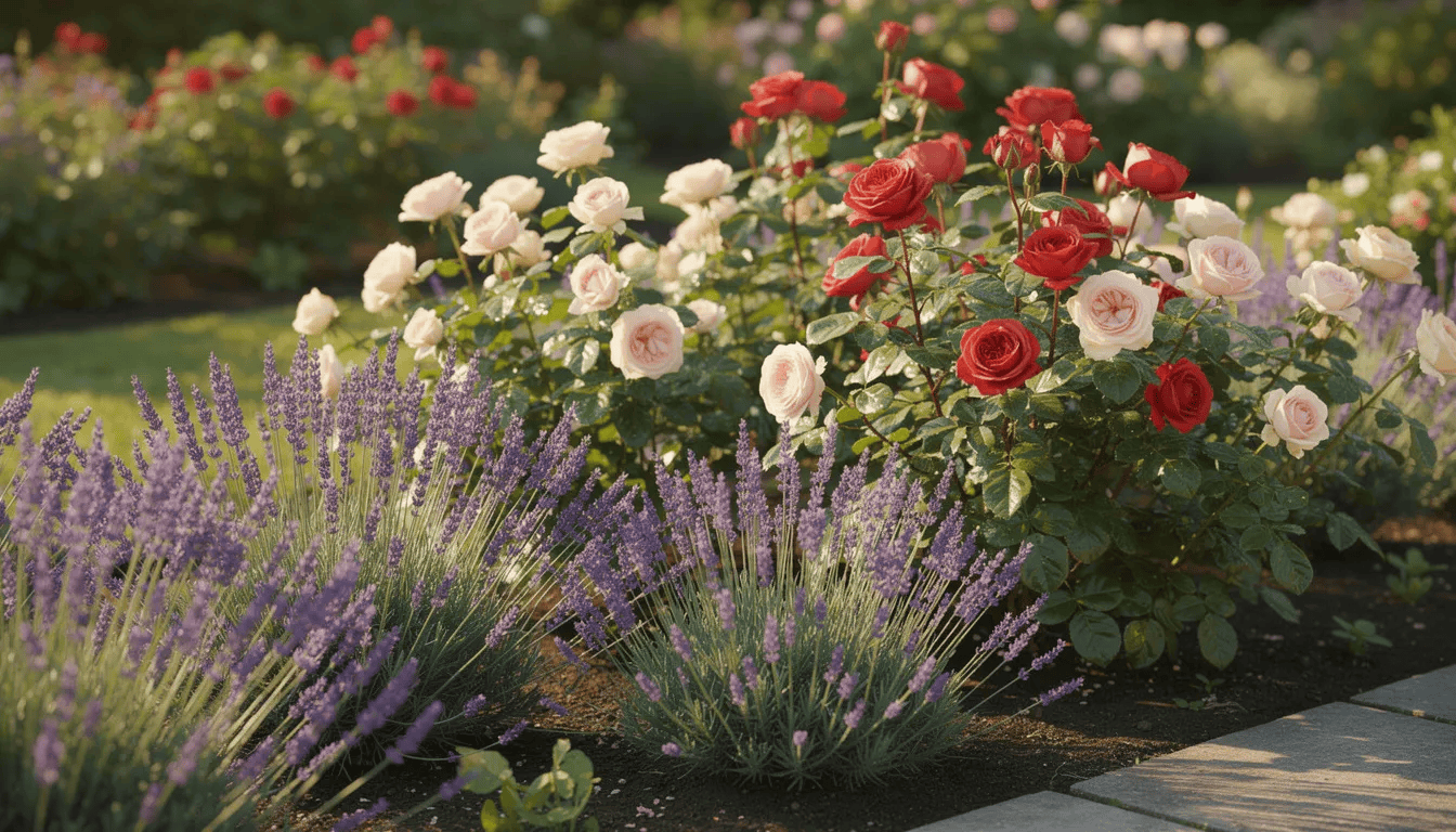 Na obrazie widoczna jest kompozycja ogrodowa z różami w różnych odcieniach różowego oraz lawendą, wszystko w słoneczny dzień. Kwiaty te, w tym pachnące odmiany róż, tworzą piękną rabatę, wypełnioną obfitym kwitnieniem, co sprawia, że ogród wygląda niezwykle urokliwie.