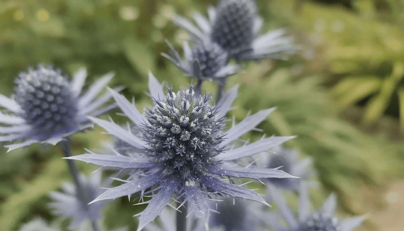 Zbliżenie na niebieskie kwiatostany mikołajka, otoczone kolczastymi podsadkami, w słonecznym ogrodzie. Kwiaty te, będące rośliną miododajną, wyróżniają się stalowoniebieskim odcieniem i są chętnie odwiedzane przez pszczoły oraz motyle.