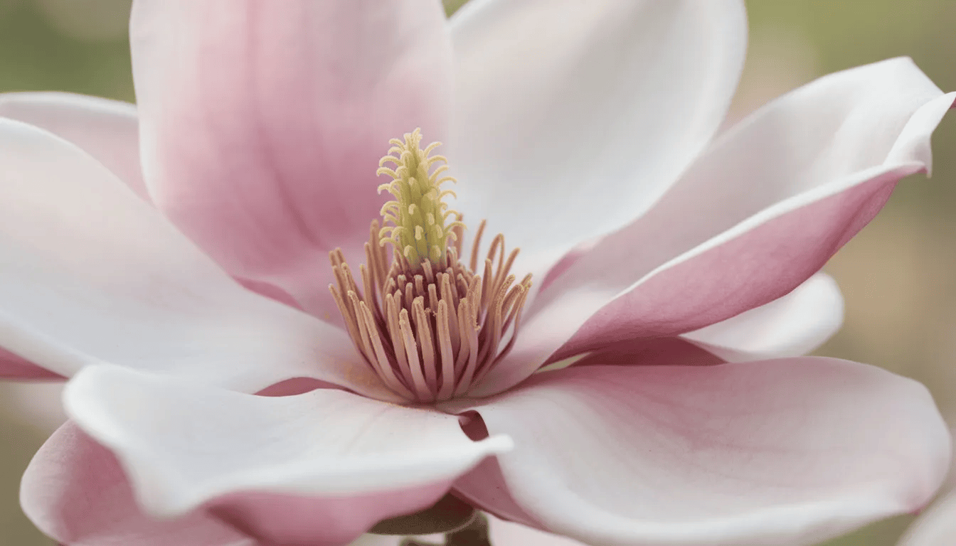 Zbliżenie na duże, różowo-białe kwiaty magnolii, które zachwycają swoją delikatnością i widocznymi pręcikami. Te efektowne kwiaty magnolii, popularne w przydomowych ogrodach, kwitną wczesną wiosną, tworząc spektakularny widok.