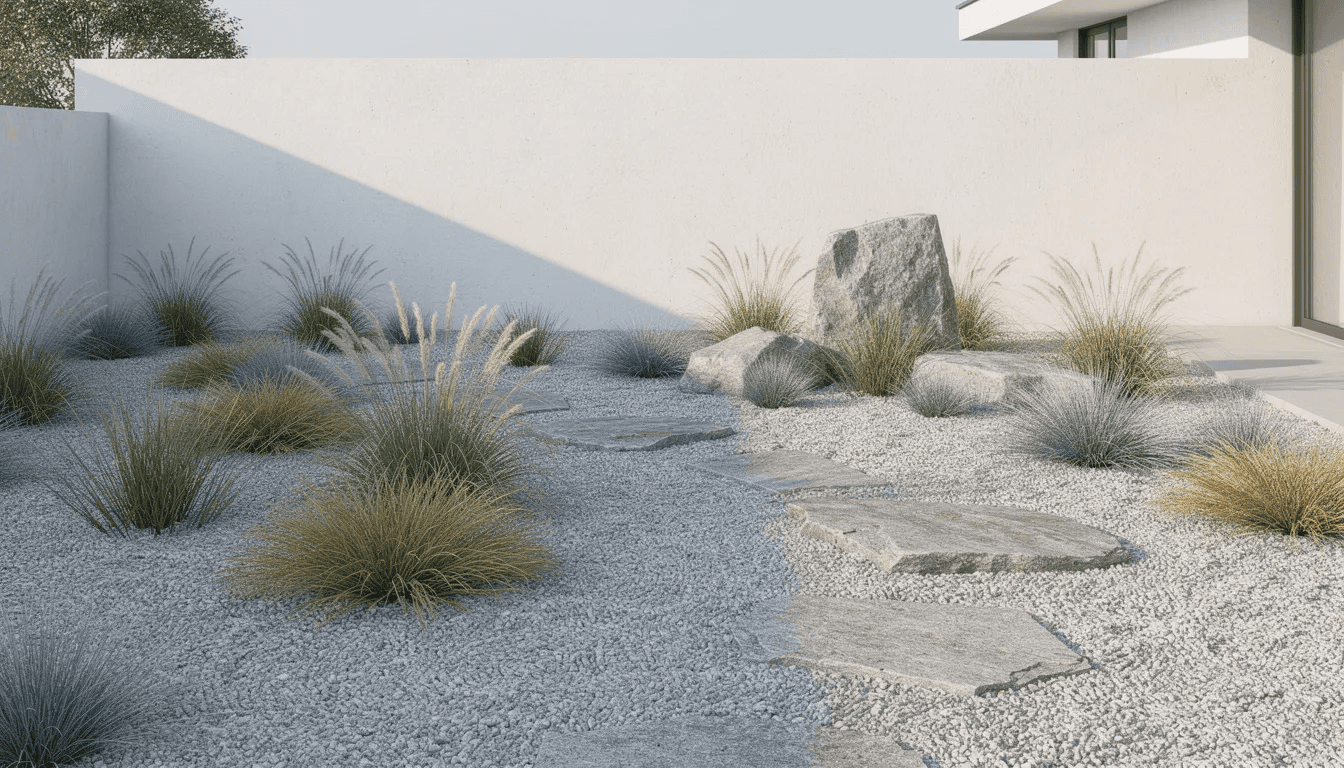 Nowoczesny ogród żwirowy z niskimi trawami ozdobnymi, takimi jak strzęplica sina, oraz różnorodnymi kamieniami, tworzy harmonijną przestrzeń. W ogrodzie dominują półkuliste kępy trawy, które nadają mu lekkości i elegancji.